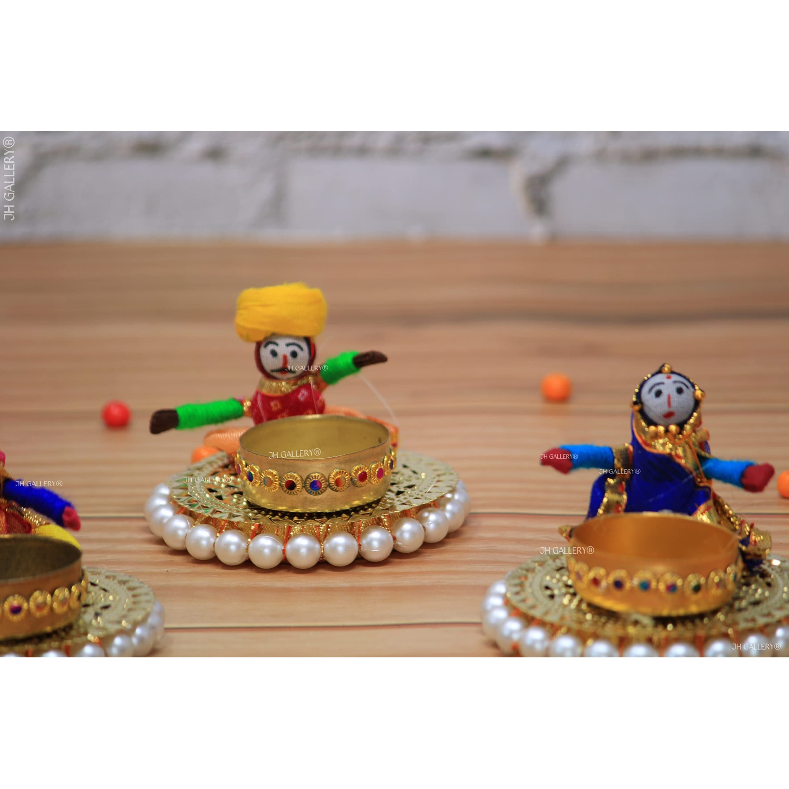 JH Gallery Handmade Recycled Material Rajasthani Dolls Puppet Diyas Tealight/Diya/Diwali Diya/Idol Diyas Holders Gift for Diwali, Home Decor/Temple Decor, Multicolor (2 Pair)