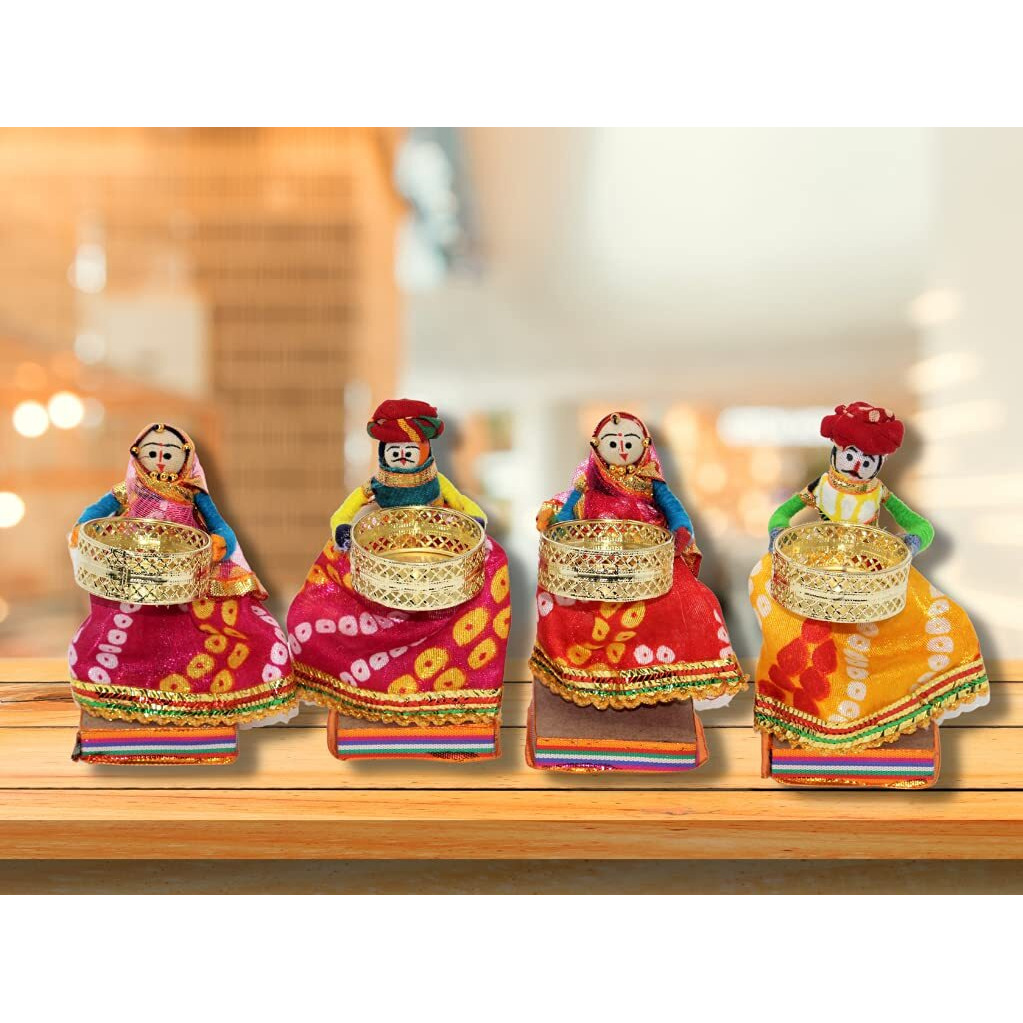 JH Gallery Handmade Recycled Material Rajasthani Raja Rani Puppet/Dolls Diyas Tealight/Diya/Diwali Diya/Idol Diyas Holders Gift for Diwali, Home Decor/Temple Decor (Pack of 2, Standing Tealight)