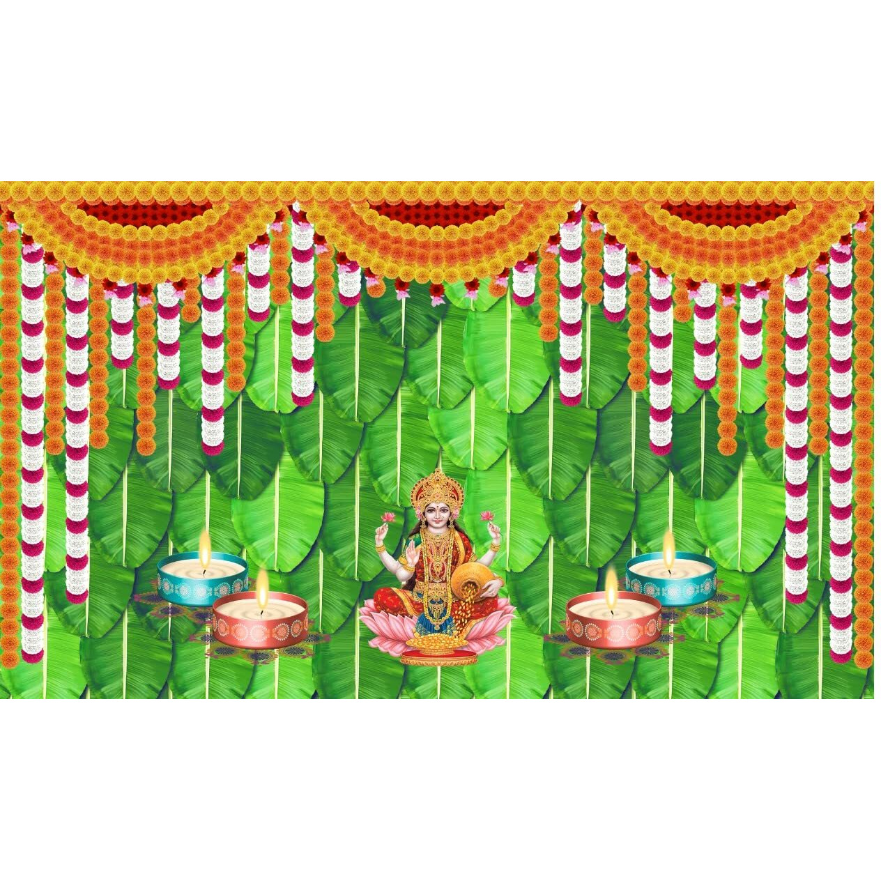 Ashvath Fashion Banana Leaf and Flower with Goddess Laxmi MATA Diya Lamp Design Backdrop Cloth for Diwali Pooja Decoration Traditional Deepavali Festival Size 5Feet Height and 8Feet Width(5 * 8)