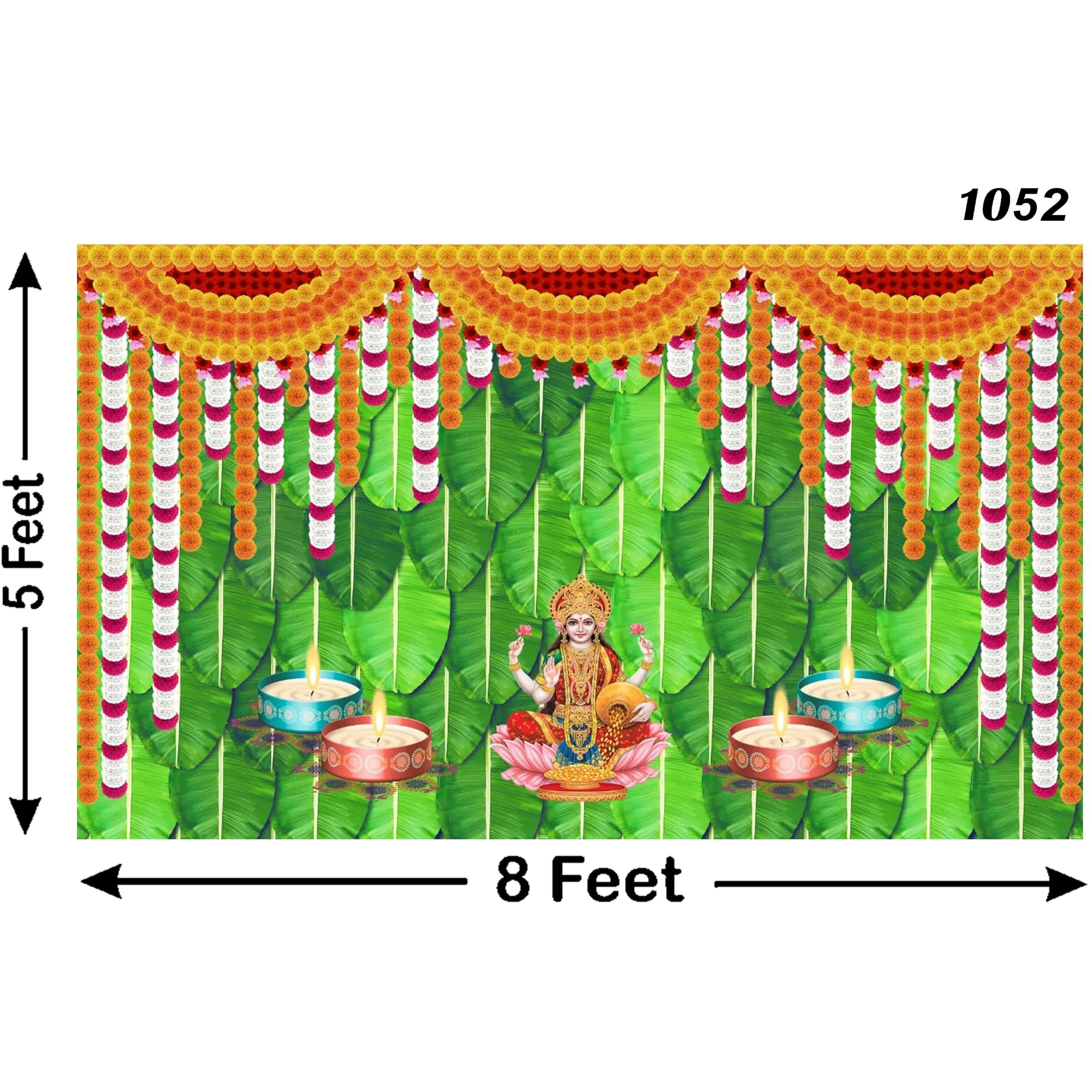 Ashvath Fashion Banana Leaf and Flower with Goddess Laxmi MATA Diya Lamp Design Backdrop Cloth for Diwali Pooja Decoration Traditional Deepavali Festival Size 5Feet Height and 8Feet Width(5 * 8)