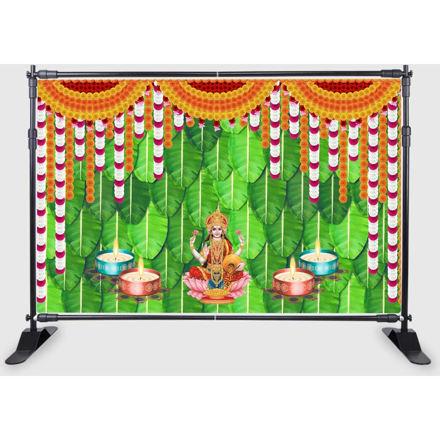 Ashvath Fashion Banana Leaf and Flower with Goddess Laxmi MATA Diya Lamp Design Backdrop Cloth for Diwali Pooja Decoration Traditional Deepavali Festival Size 5Feet Height and 8Feet Width(5 * 8)