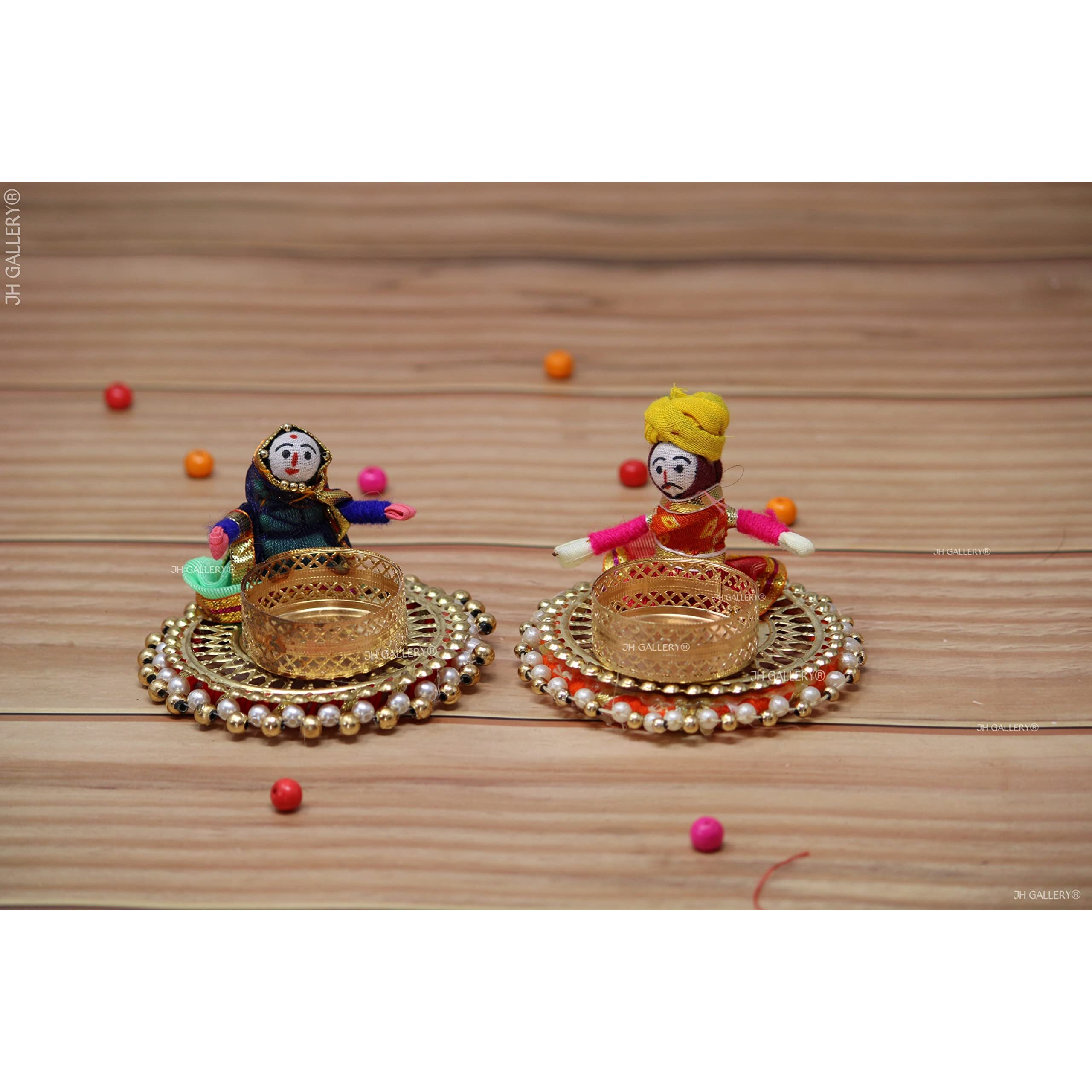 JH Gallery Handmade Recycled Material Rajasthani Dolls Puppet Diyas Tealight/Diya/Diwali Diya/Idol Diyas Holders Gift for Diwali, Home Decor/Temple Decor, Multicolor (1 Pair, 6 * 3 Inch)