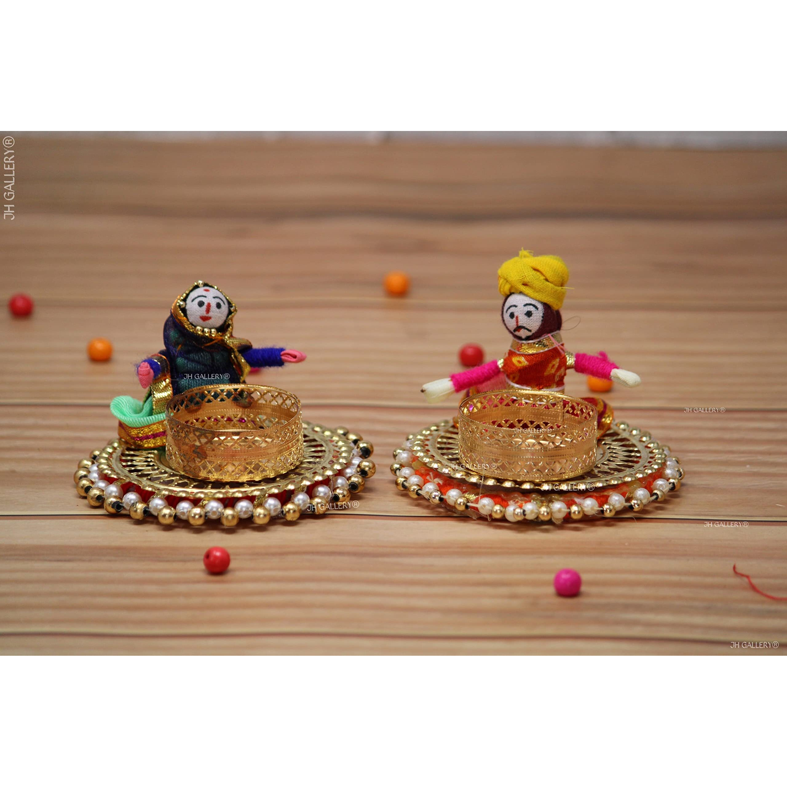 JH Gallery Handmade Recycled Material Rajasthani Dolls Puppet Diyas Tealight/Diya/Diwali Diya/Idol Diyas Holders Gift for Diwali, Home Decor/Temple Decor, Multicolor (1 Pair, 6 * 3 Inch)