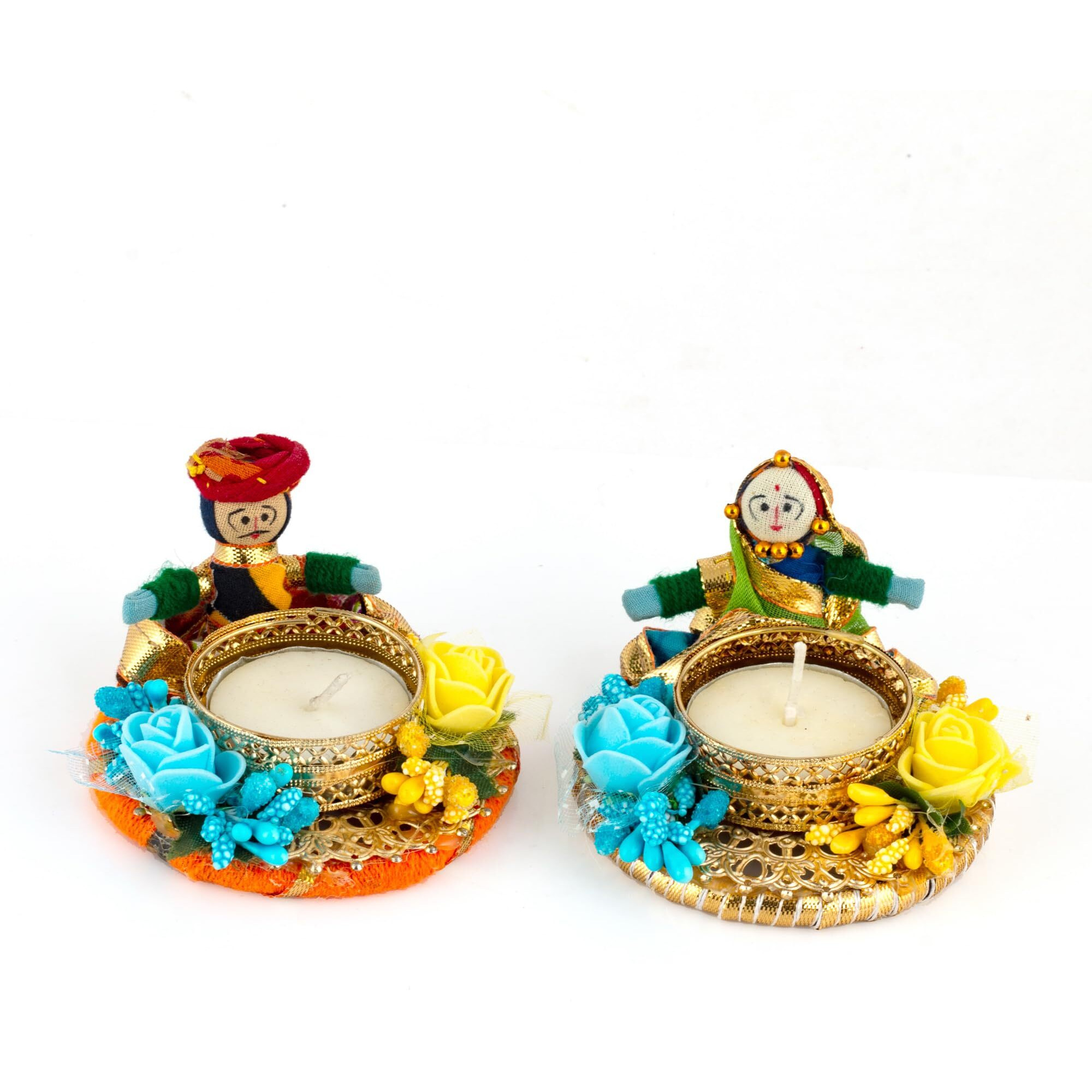 JH Gallery Handmade Recycled Material Rajasthani Dolls Puppet Diyas Tealight/Diya/Diwali Diya/Idol Diyas Holders Gift for Diwali, Home Decor/Temple Decor, Multicolor (1 Pair, 6 * 8 CM)