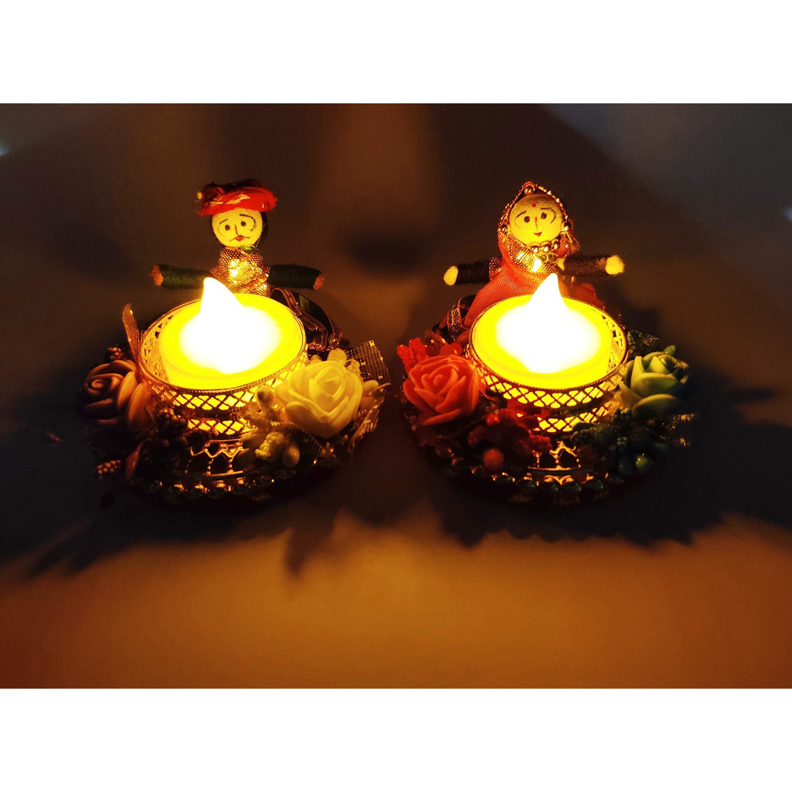 JH Gallery Handmade Recycled Material Rajasthani Dolls Puppet Diyas Tealight/Diya/Diwali Diya/Idol Diyas Holders Gift for Diwali, Home Decor/Temple Decor, Multicolor (1 Pair, 6 * 8 CM)