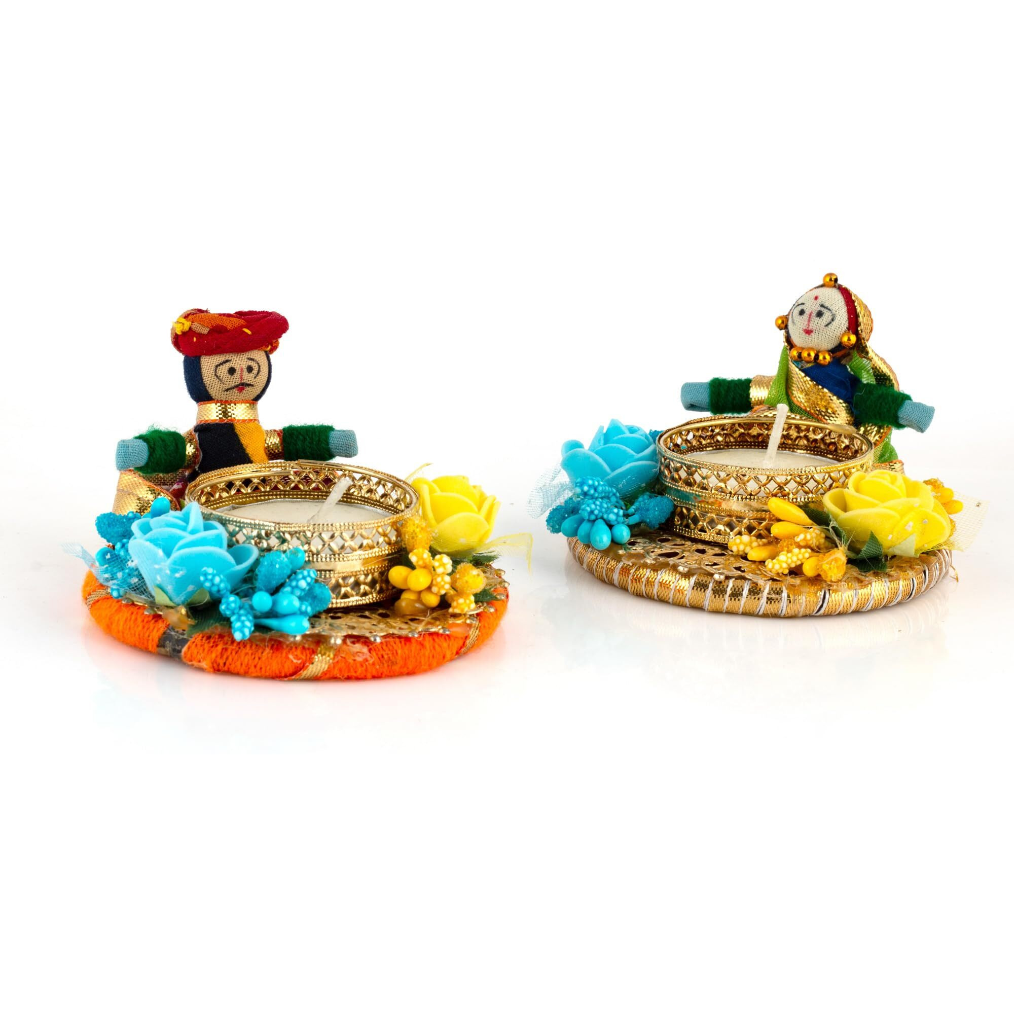 JH Gallery Handmade Recycled Material Rajasthani Dolls Puppet Diyas Tealight/Diya/Diwali Diya/Idol Diyas Holders Gift for Diwali, Home Decor/Temple Decor, Multicolor (1 Pair, 6 * 8 CM)