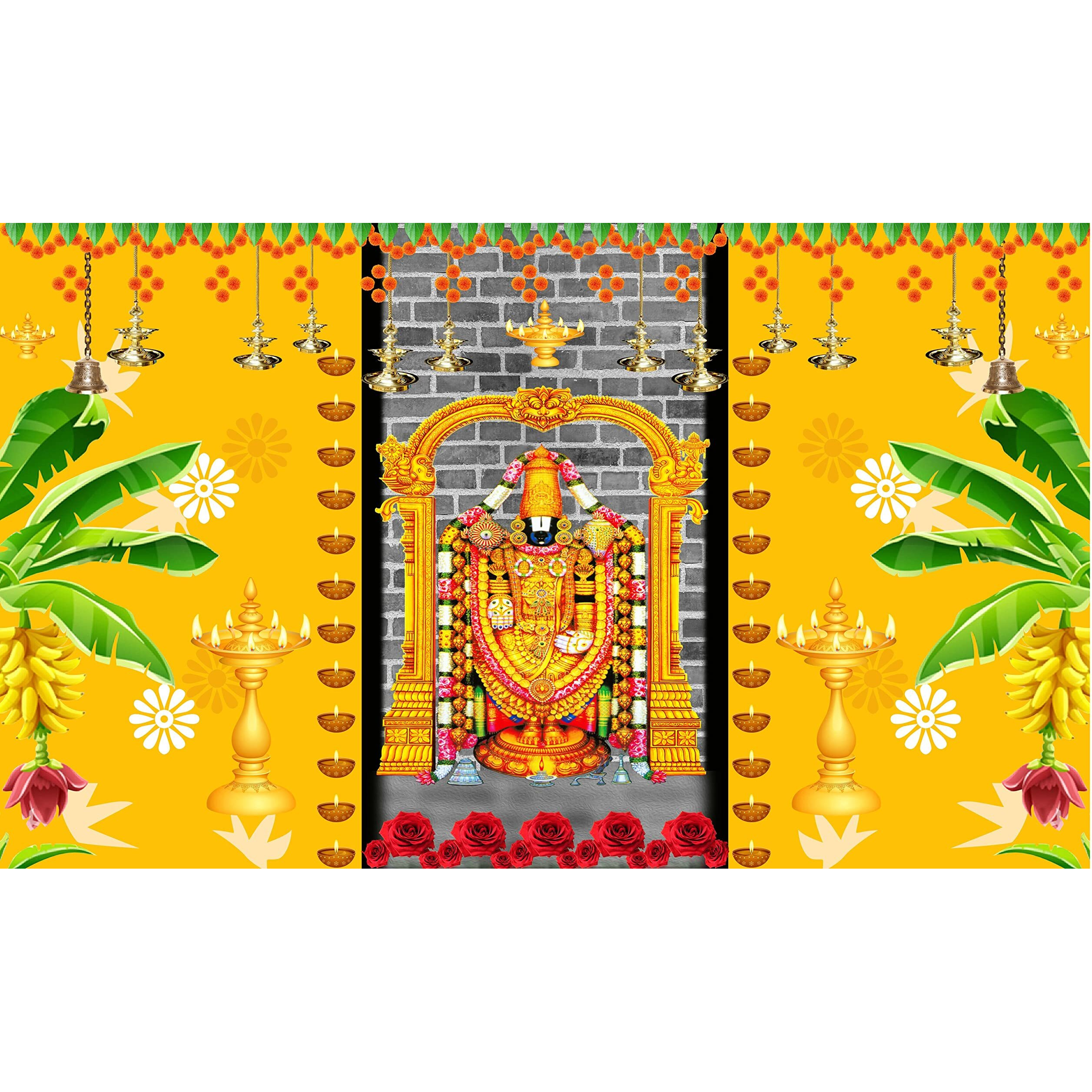 Ashvath Banana Tree and Diya with Lord Balaji Venkateshwara Swami Design Backdrop Cloth for Diwali Pooja Decoration Traditional Background Curtain Cloth for Festival Size 5 Feet Height and 8 Feet Width(5 * 8)