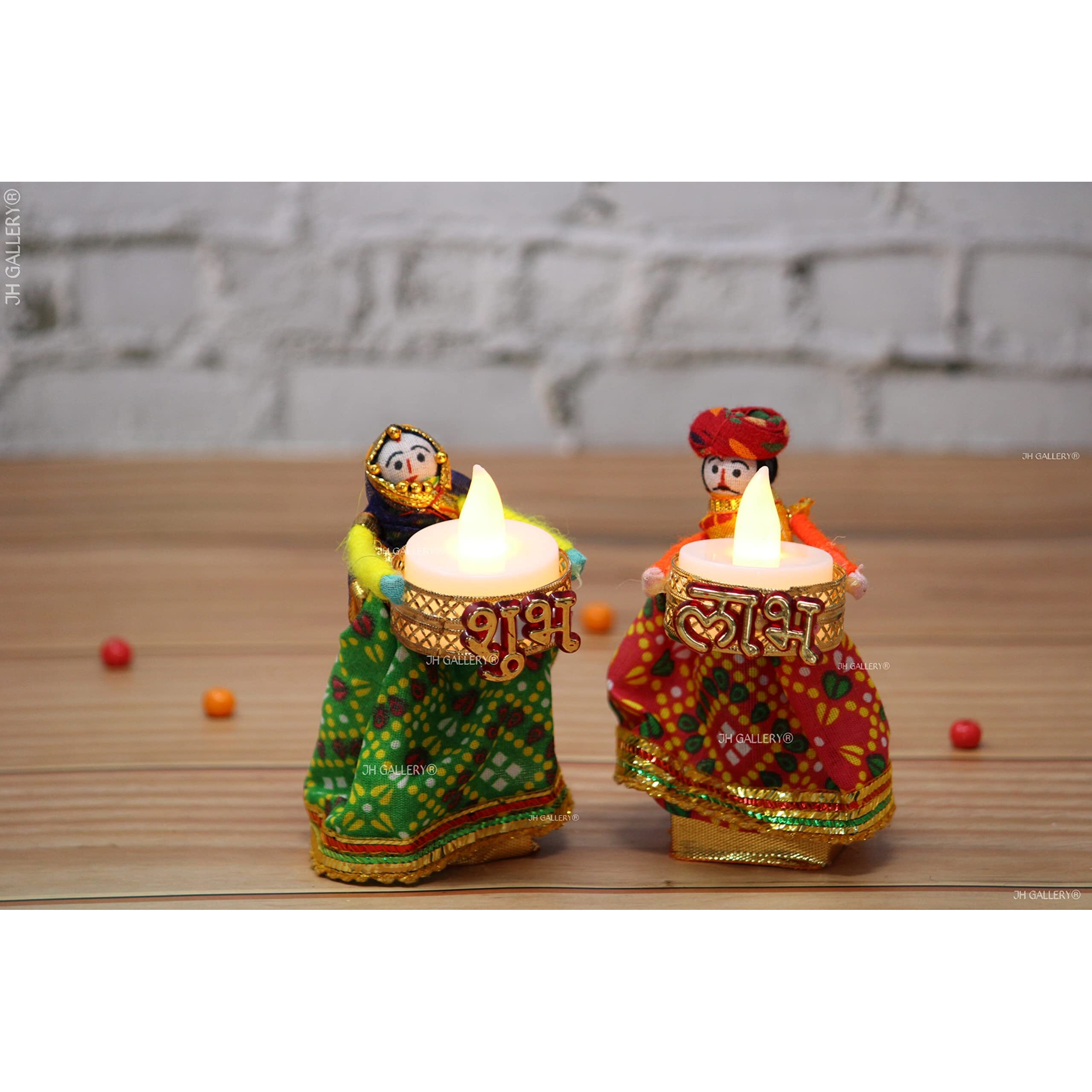 JH Gallery Handmade Recycled Material Puppet Diyas Rajasthani Dolls Shubh Labh Tealight/Diya/Diwali Diya/Idol Diyas Holders Gift for Diwali, Home Decor/Temple Decor, Multicolor (1 Pair)