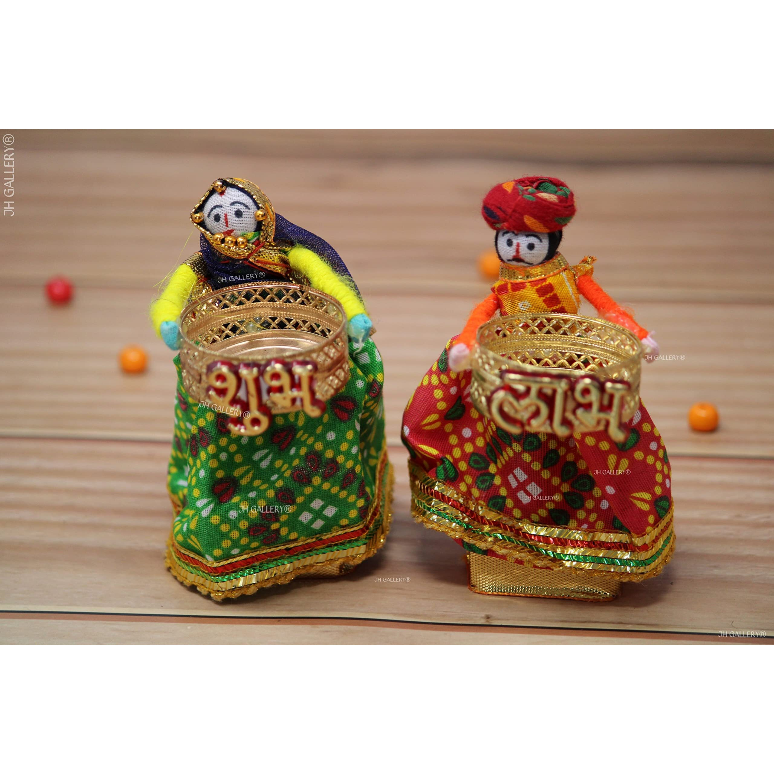 JH Gallery Handmade Recycled Material Puppet Diyas Rajasthani Dolls Shubh Labh Tealight/Diya/Diwali Diya/Idol Diyas Holders Gift for Diwali, Home Decor/Temple Decor, Multicolor (1 Pair)