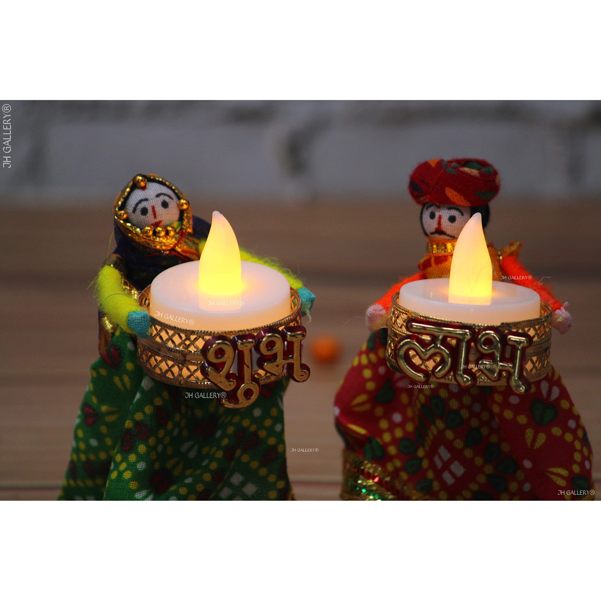 JH Gallery Handmade Recycled Material Puppet Diyas Rajasthani Dolls Shubh Labh Tealight/Diya/Diwali Diya/Idol Diyas Holders Gift for Diwali, Home Decor/Temple Decor, Multicolor (1 Pair)