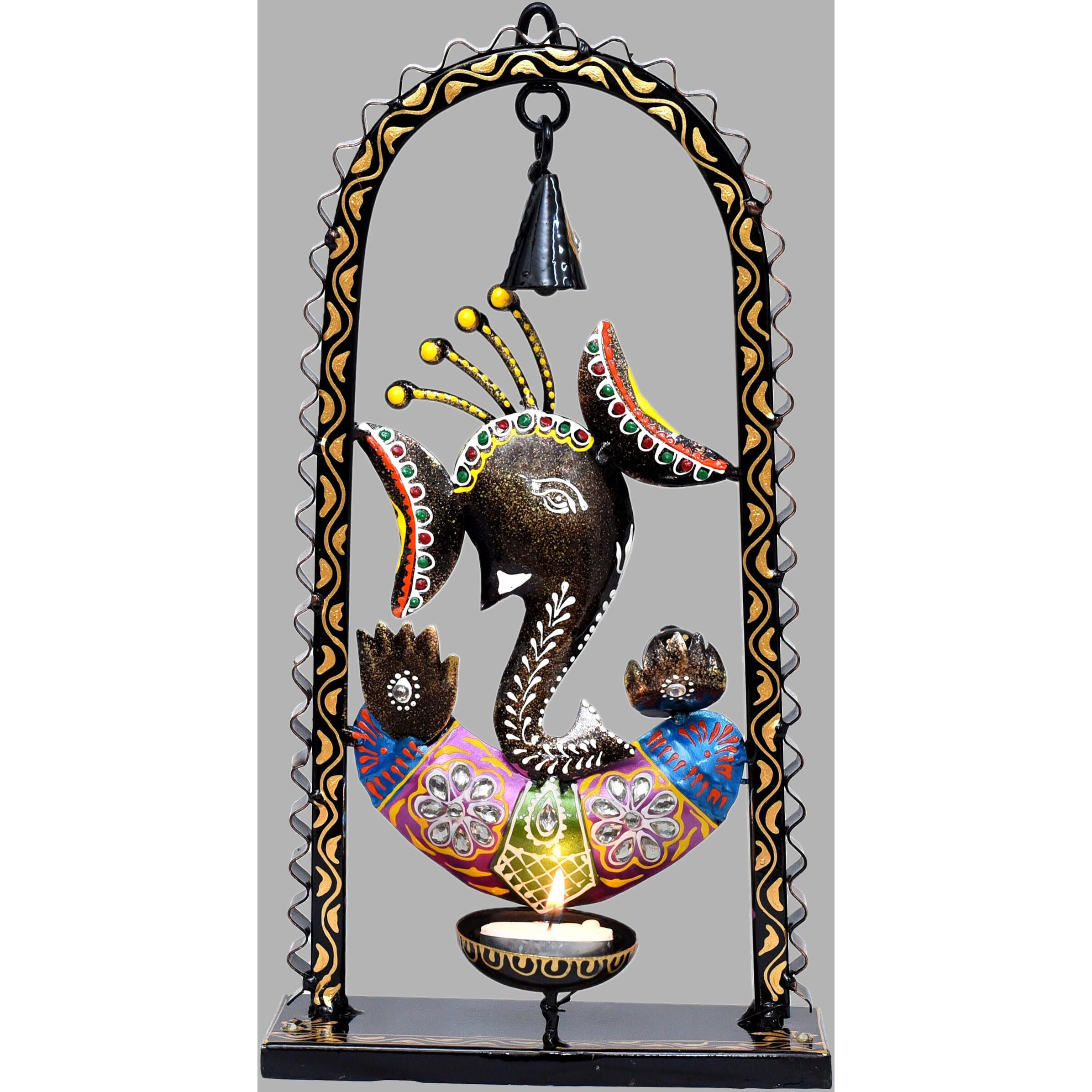 Kraftskala Ganesh Tea Light Candle Diya with Ringing Bell Decorative Metal Statue Showpiece for Living Room Home Decor, Tabletop, Diwali Gift