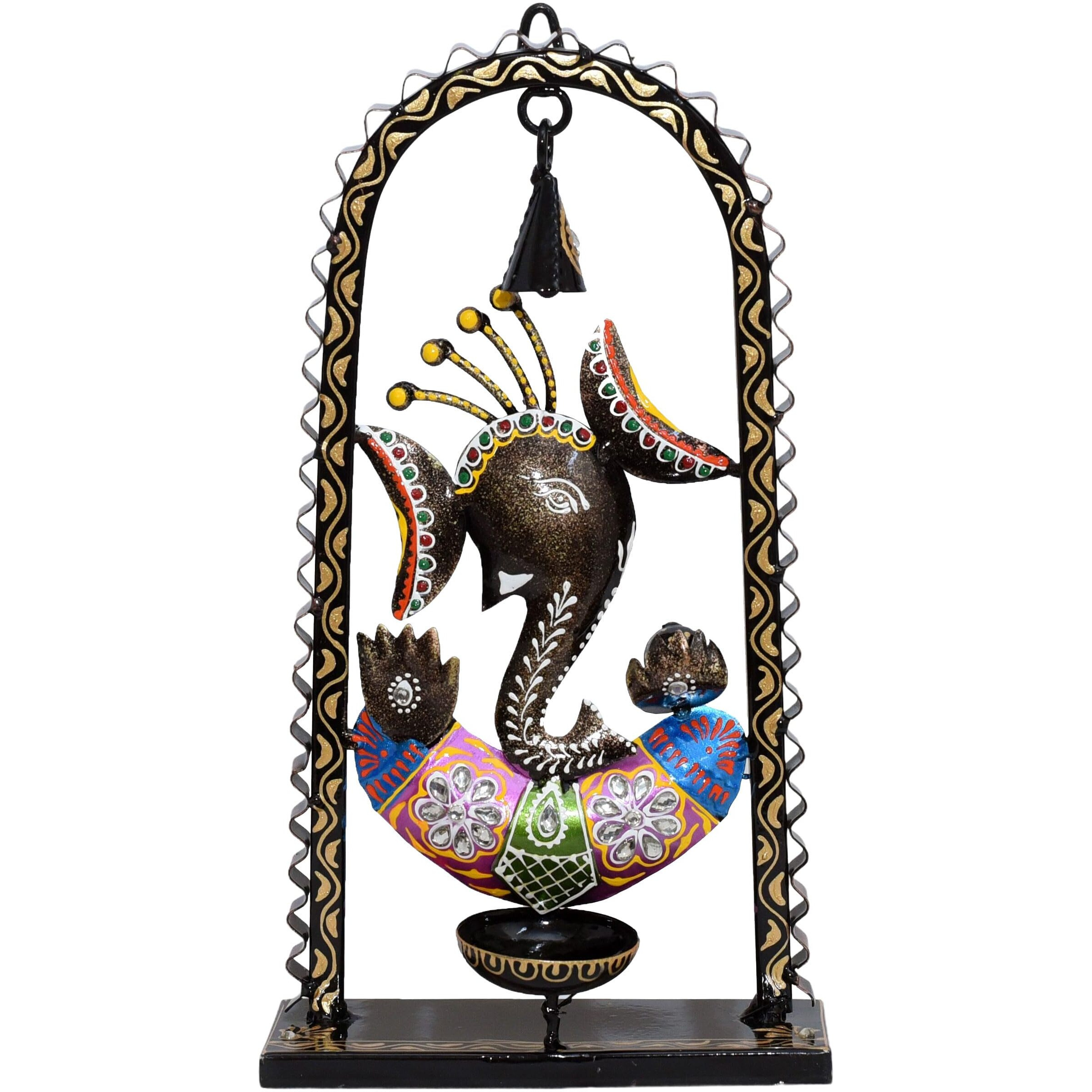 Kraftskala Ganesh Tea Light Candle Diya with Ringing Bell Decorative Metal Statue Showpiece for Living Room Home Decor, Tabletop, Diwali Gift