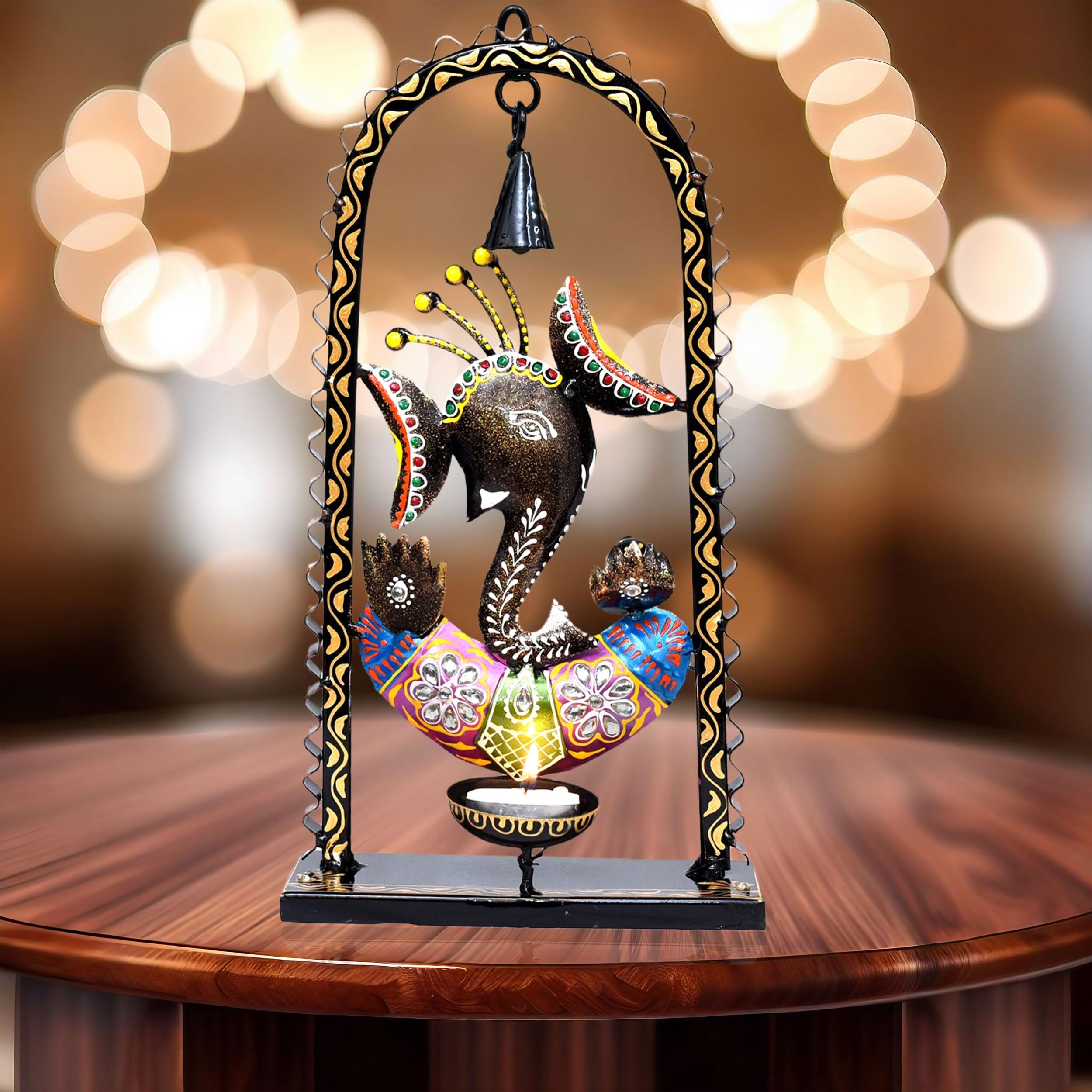 Kraftskala Ganesh Tea Light Candle Diya with Ringing Bell Decorative Metal Statue Showpiece for Living Room Home Decor, Tabletop, Diwali Gift