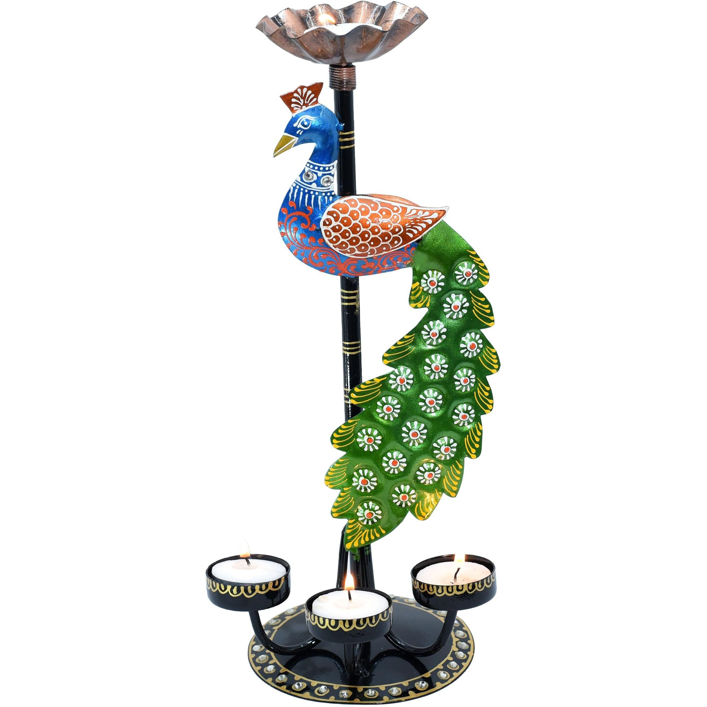 Kraftskala Tea Light Candle Holder Decorative Peacock Showpiece Metal Figurine 4 Candle Diya Burner Slots for Living Room, Diwali Gifts, Home Decor