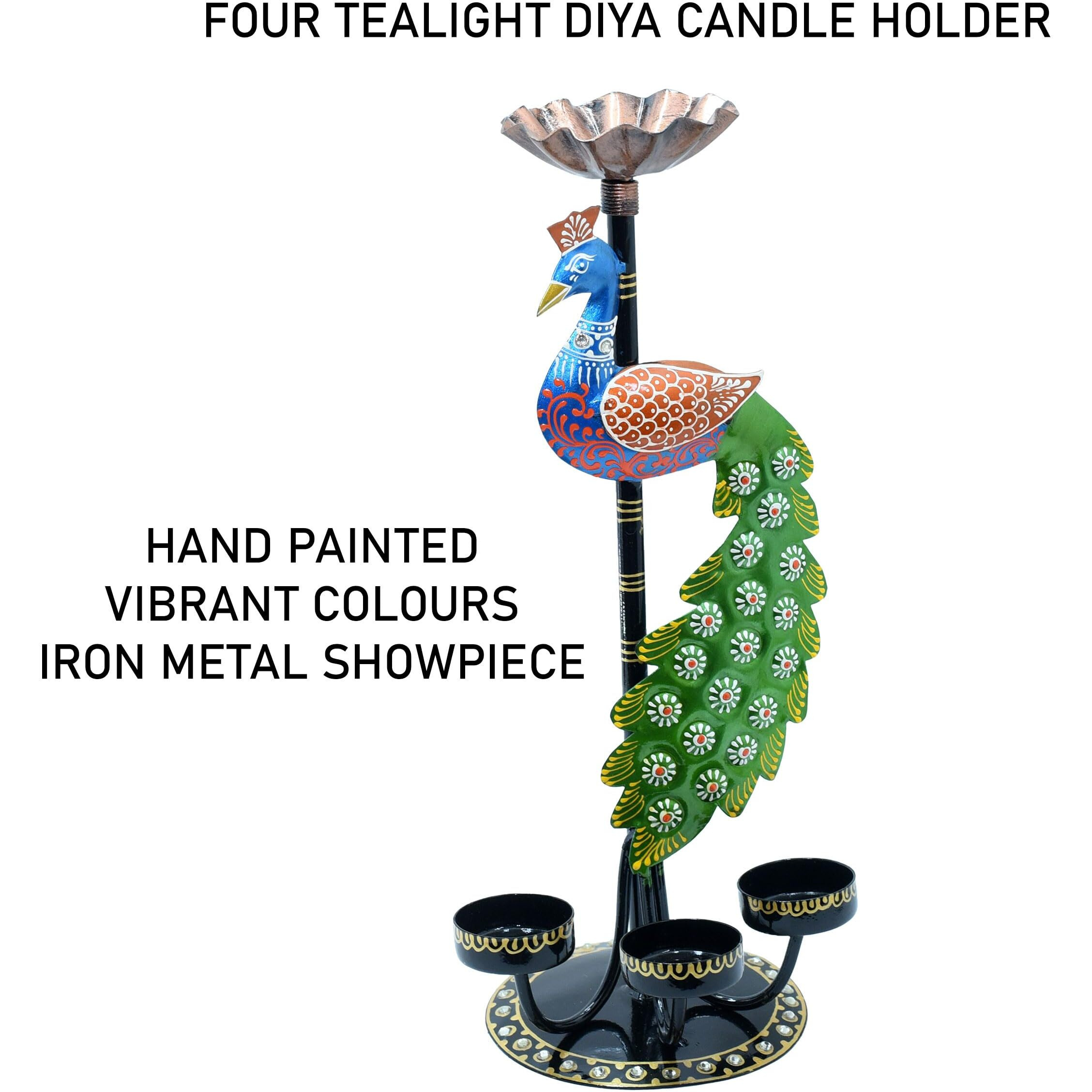 Kraftskala Tea Light Candle Holder Decorative Peacock Showpiece Metal Figurine 4 Candle Diya Burner Slots for Living Room, Diwali Gifts, Home Decor
