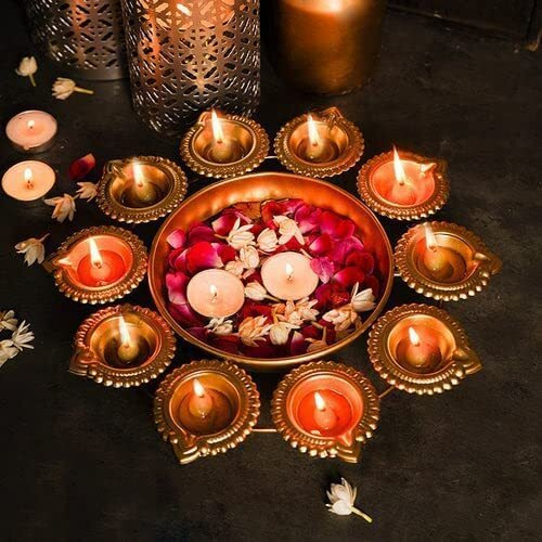 Furnish Craft Diya Shape Flower Decorative Urli Bowl for Home Floating Flowers & Tea Light Candles Home,Office &Table Decor| Diwali Decoration Items, Metal, Gold (10 Inches)