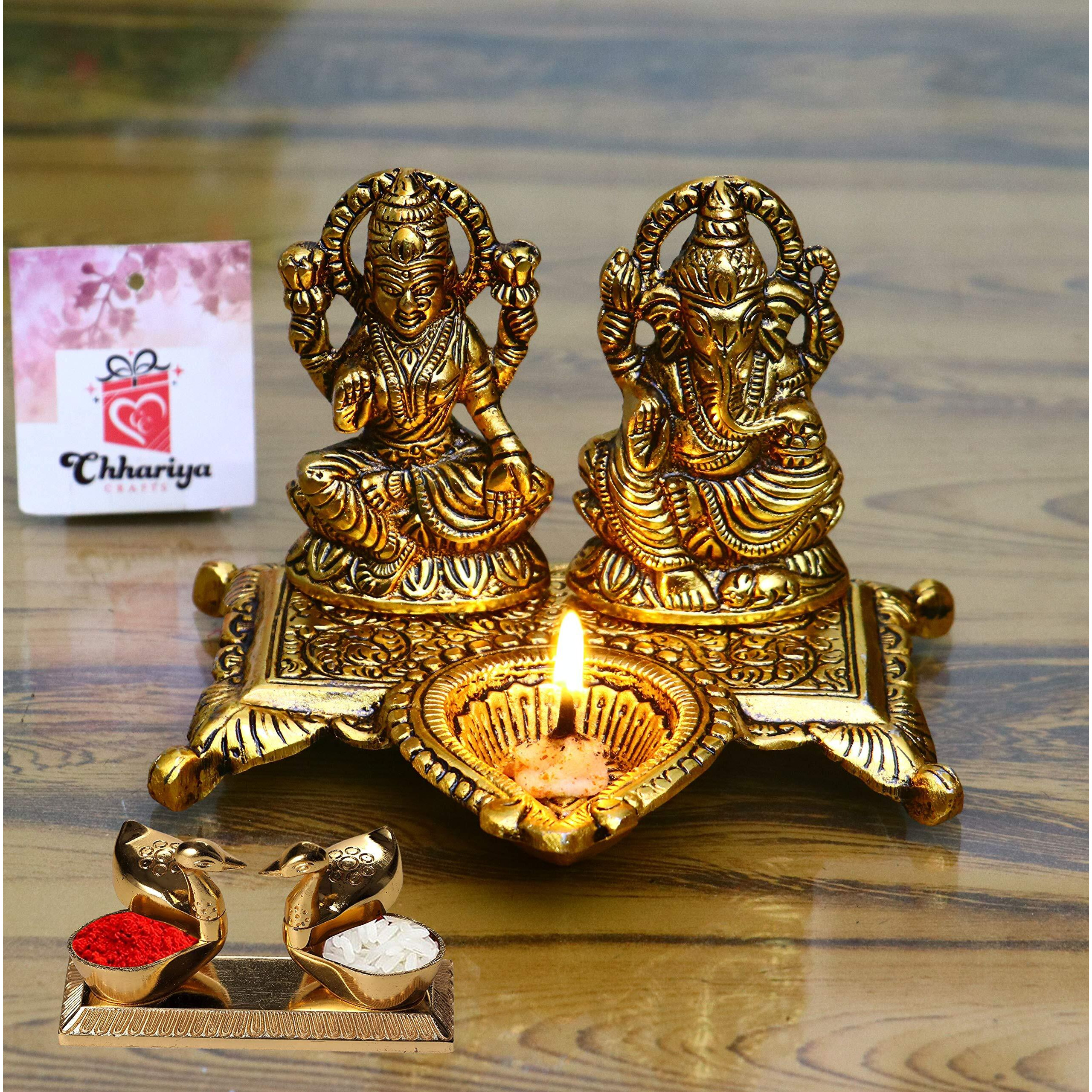 CHHARIYA CRAFTS Metal Laxmi Ganesh Idol with Diya and Kumkum Box Kissing Duck for Pooja Home and Office Combo Offer for Diwali Gift (Diwali Offer, Standard)