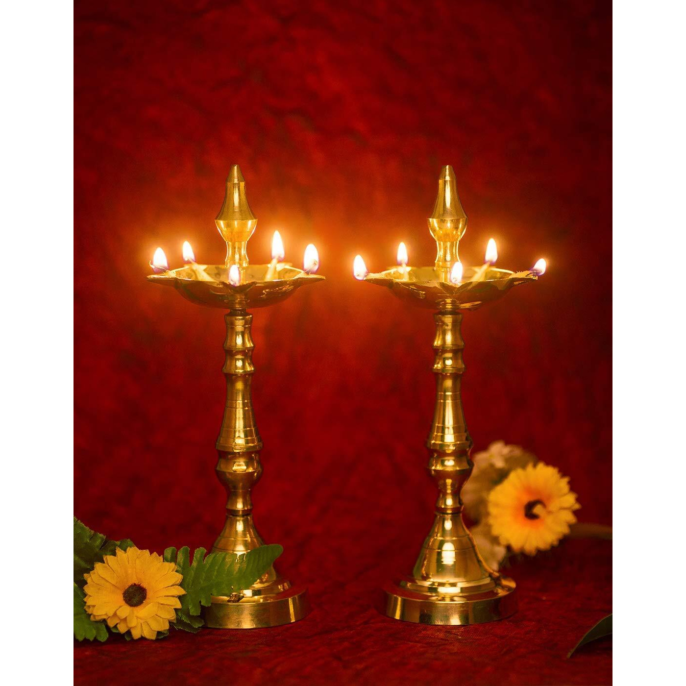 Denique Brass Traditional Kerala Oil/Ghee Diya, Deepak, Lamp Long Diyas for Home, Pooja Room, Pancharti | Panchmukhi Pital Diya, Decoration, Aarti, Diwali Height 19 C.M(PACK of 2)