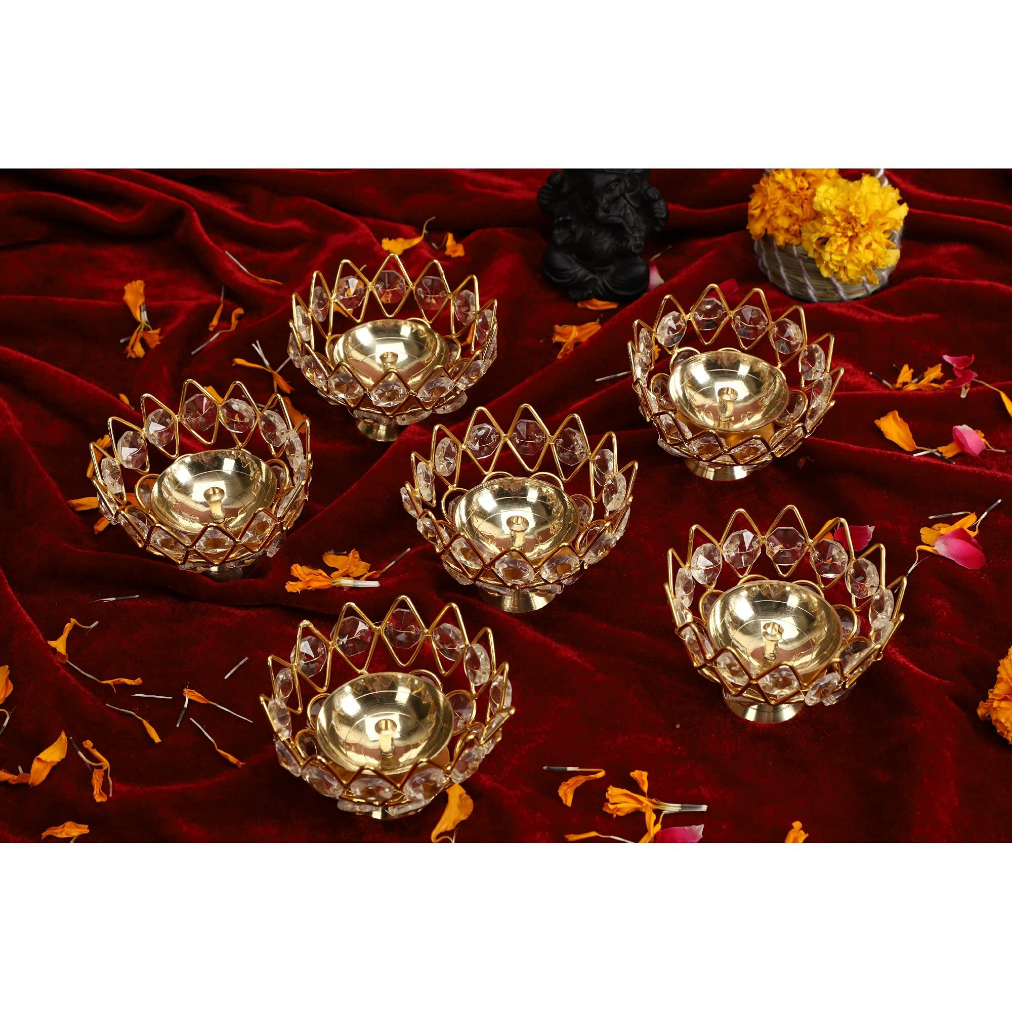 Decorative India Decor Metal Crystal Lotus Shape Brass Bowl Diya or Pital Jyot Diva or Pooja Deepak or Table Diaa - Unique Design, Home Decorative Oil Lamp for Puja (Pack of 12)