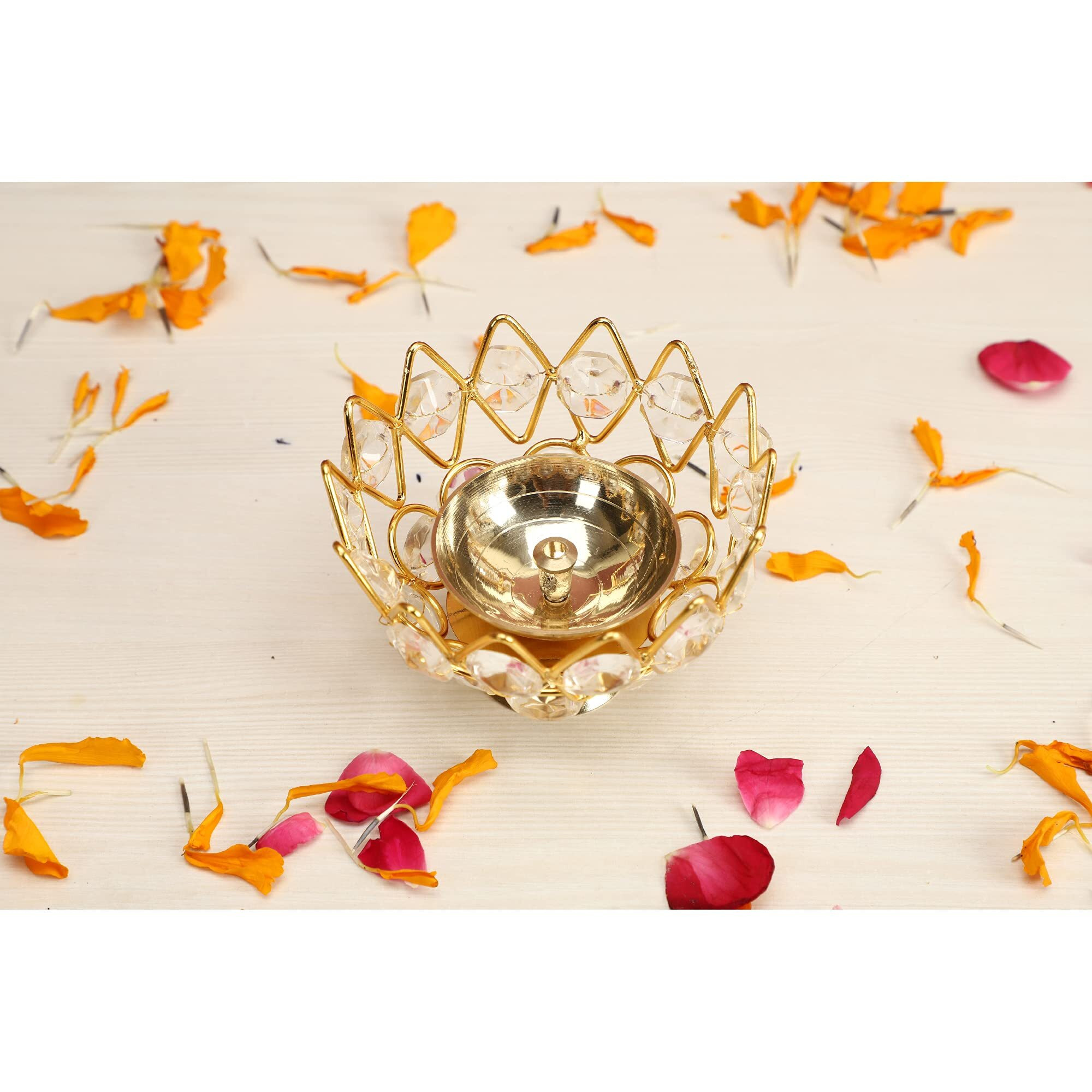 Decorative India Decor Metal Crystal Lotus Shape Brass Bowl Diya or Pital Jyot Diva or Pooja Deepak or Table Diaa - Unique Design, Home Decorative Oil Lamp for Puja (Pack of 12)
