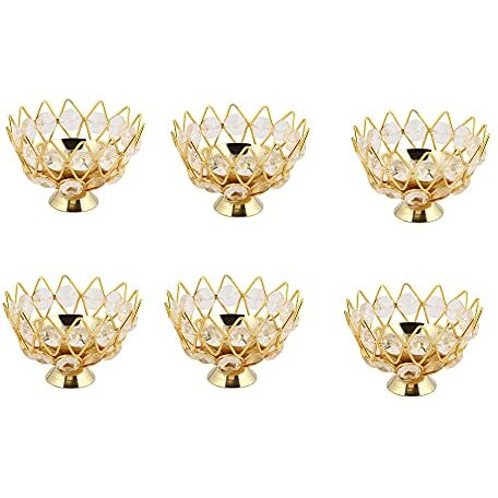 Decorative India Decor Metal Crystal Lotus Shape Brass Bowl Diya or Pital Jyot Diva or Pooja Deepak or Table Diaa - Unique Design, Home Decorative Oil Lamp for Puja (Pack of 6)