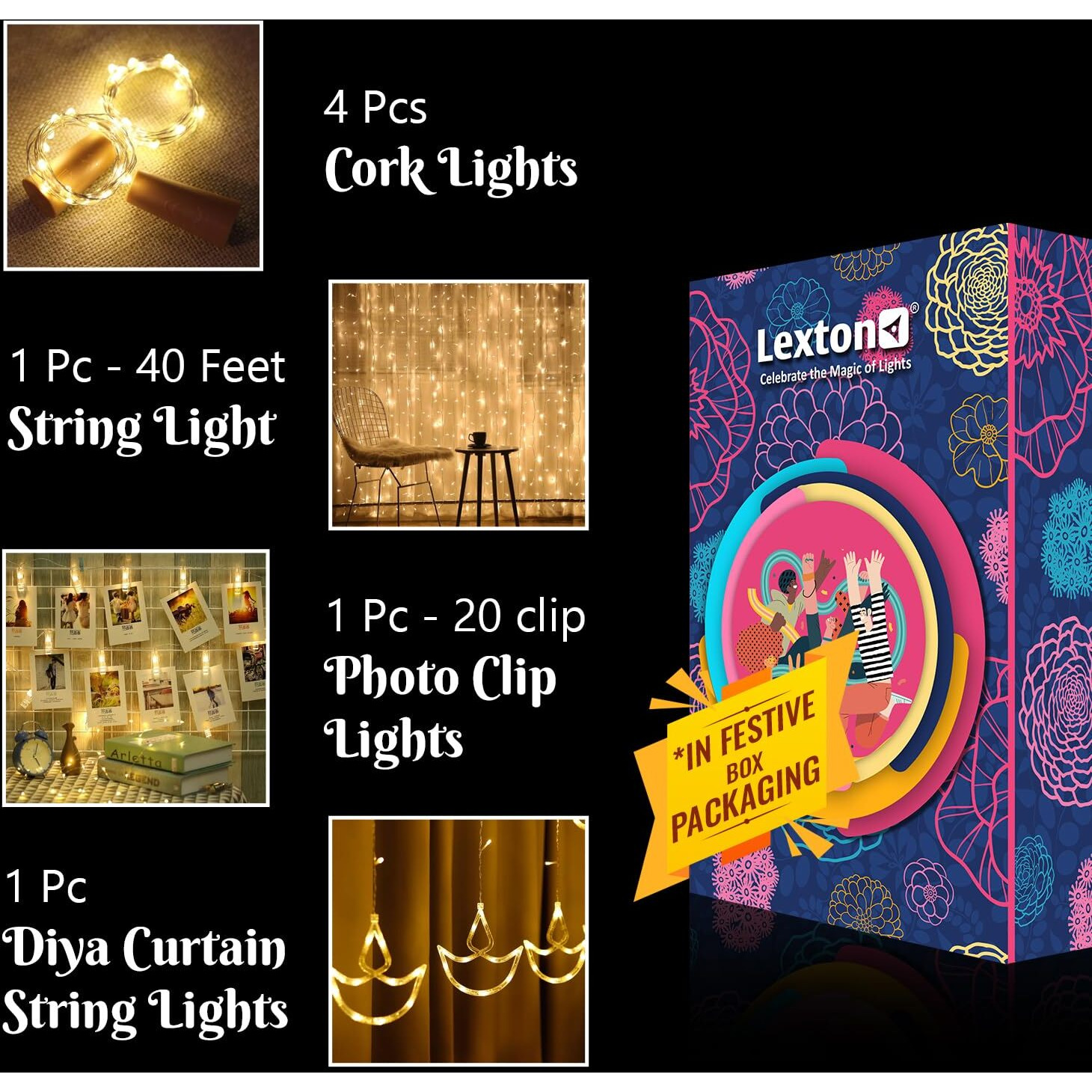 Lexton Combo of Photo Clip Light Battery Powered 20 Clips | Diya Curtain Lights 6 Big & 6 Small Diya | 40 Feet LED Decorative String Light | 4 Pcs, 20 LED Bottle Cork Light (Warm White)