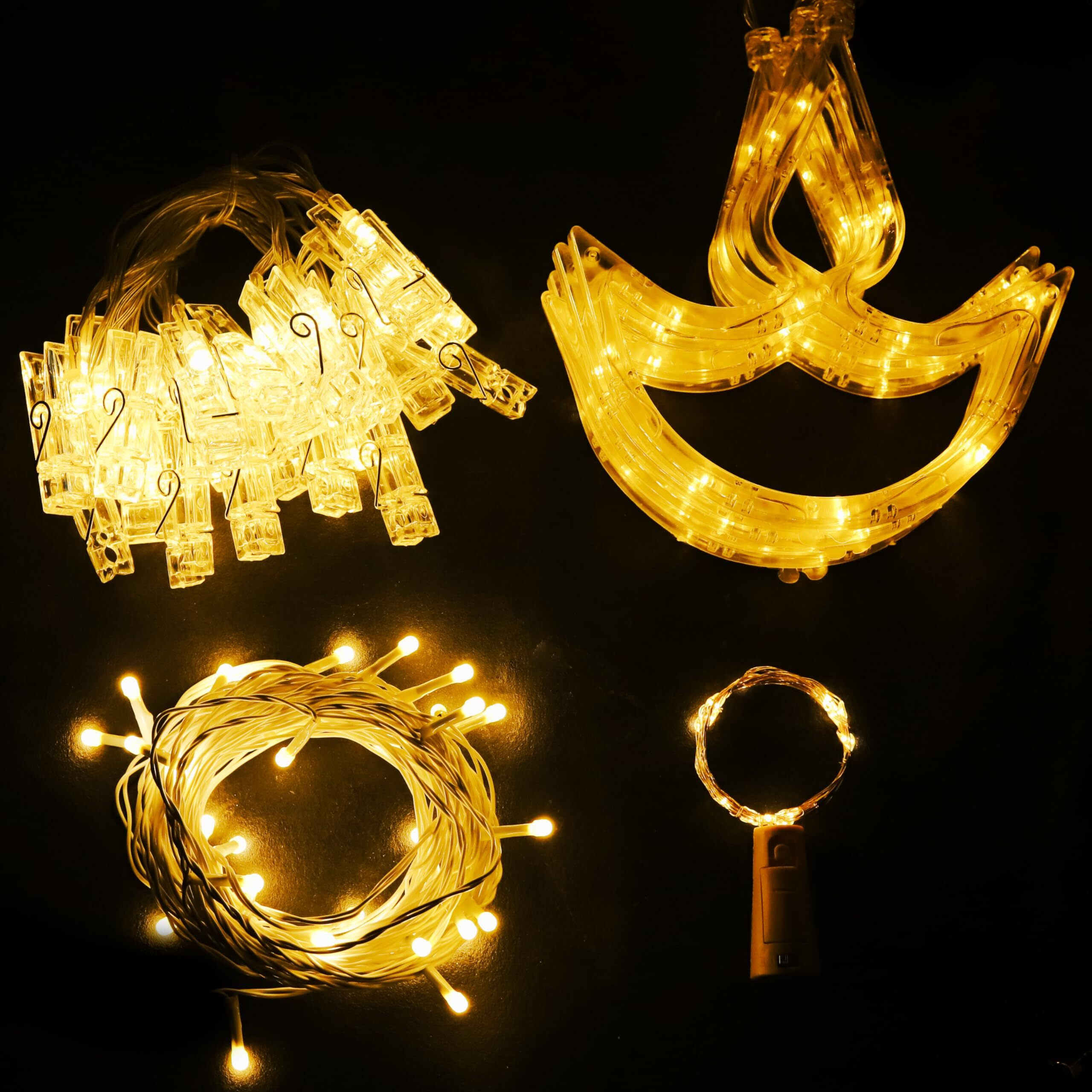 Lexton Combo of Photo Clip Light Battery Powered 20 Clips | Diya Curtain Lights 6 Big & 6 Small Diya | 40 Feet LED Decorative String Light | 4 Pcs, 20 LED Bottle Cork Light (Warm White)