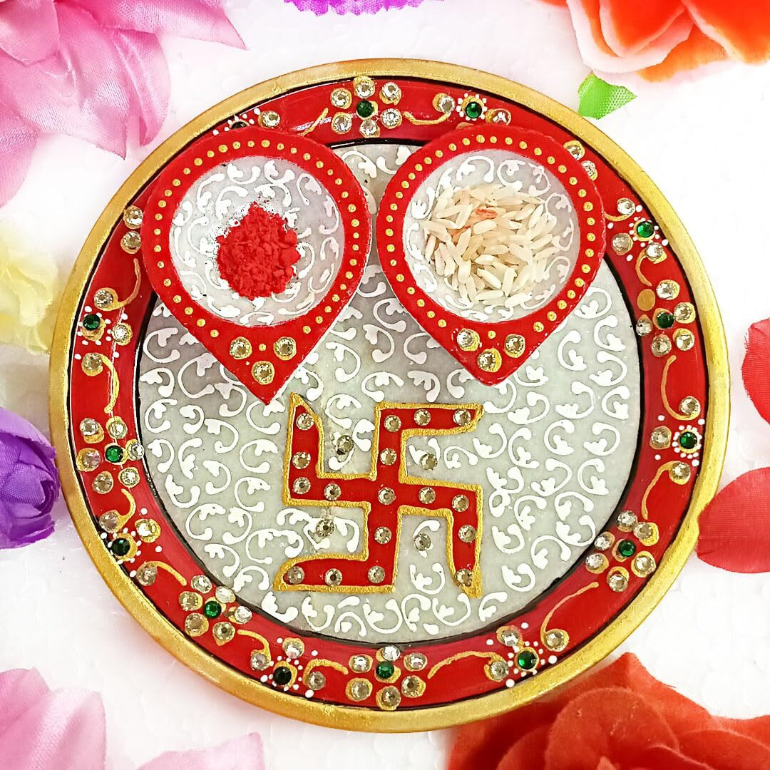 Handicraft Kingdom Marble Puja Thali for Laddu Gopal Pooja Room Decoration with 2 Pear Shape Diya and Agarbatti Stand | Rajasthani Hand Painted Multicolour Home Decor Items Size 6 Wt 300-400Gm