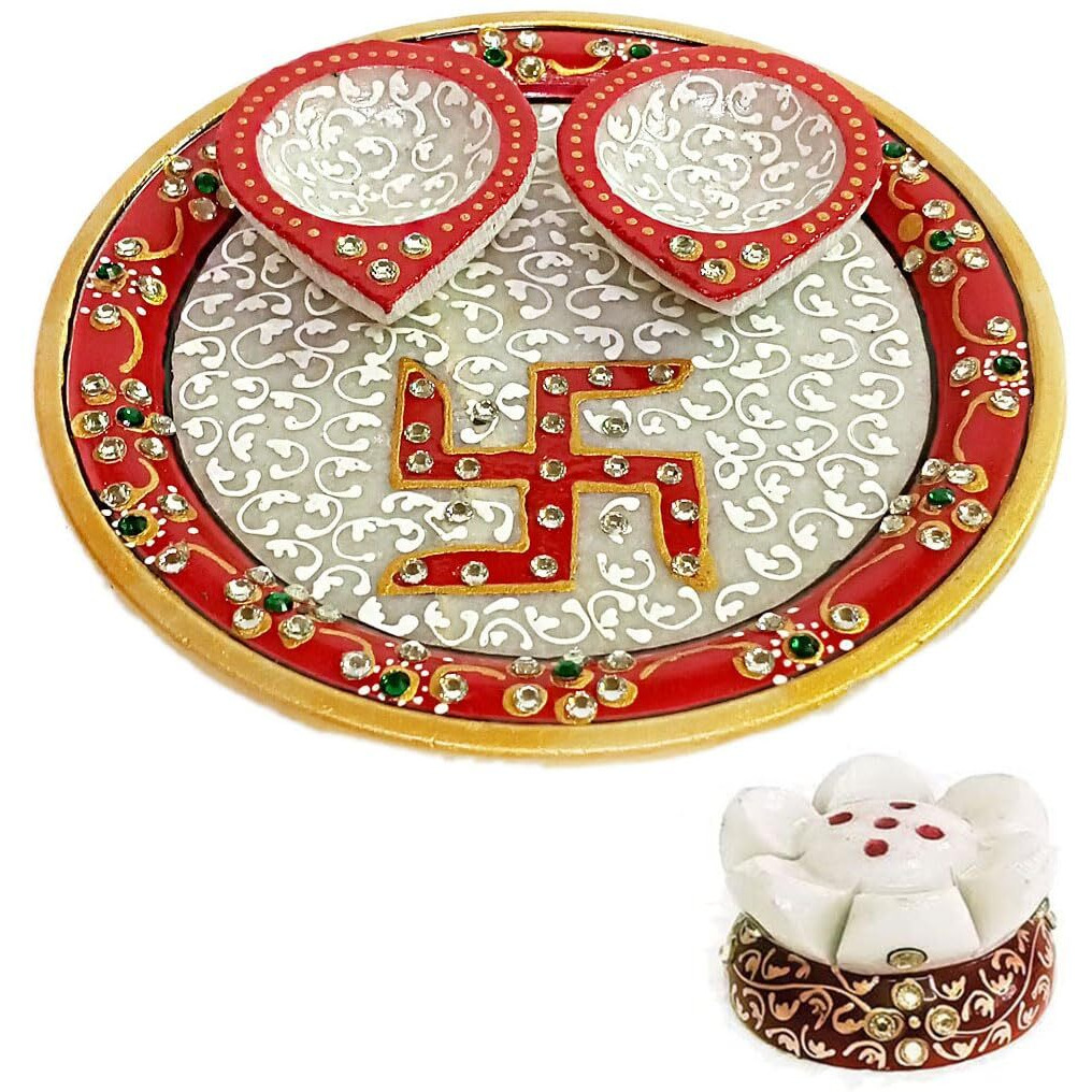 Handicraft Kingdom Marble Puja Thali for Laddu Gopal Pooja Room Decoration with 2 Pear Shape Diya and Agarbatti Stand | Rajasthani Hand Painted Multicolour Home Decor Items Size 6 Wt 300-400Gm