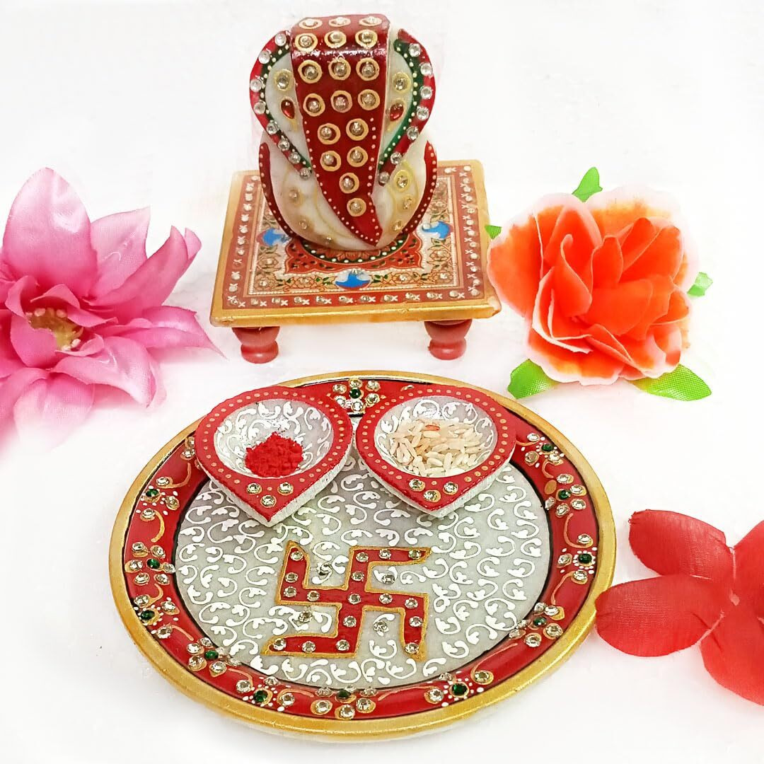 Handicraft Kingdom Marble Puja Thali for Laddu Gopal Pooja Room Decoration with 2 Pear Shape Diya and Agarbatti Stand | Rajasthani Hand Painted Multicolour Home Decor Items Size 6 Wt 300-400Gm
