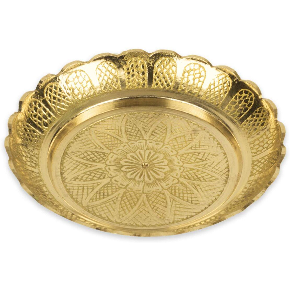 Klassic Engraved Small Brass Pooja Thali with Flower Engraved Design for Prasad Bhog, Handcrafted Bhog Thali Diya Thali in Mandir (5 Inch, Golden)