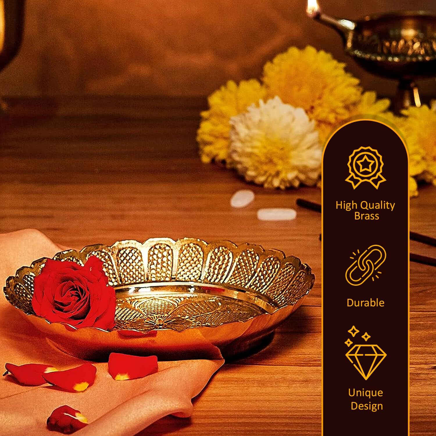 Klassic Engraved Small Brass Pooja Thali with Flower Engraved Design for Prasad Bhog, Handcrafted Bhog Thali Diya Thali in Mandir (5 Inch, Golden)