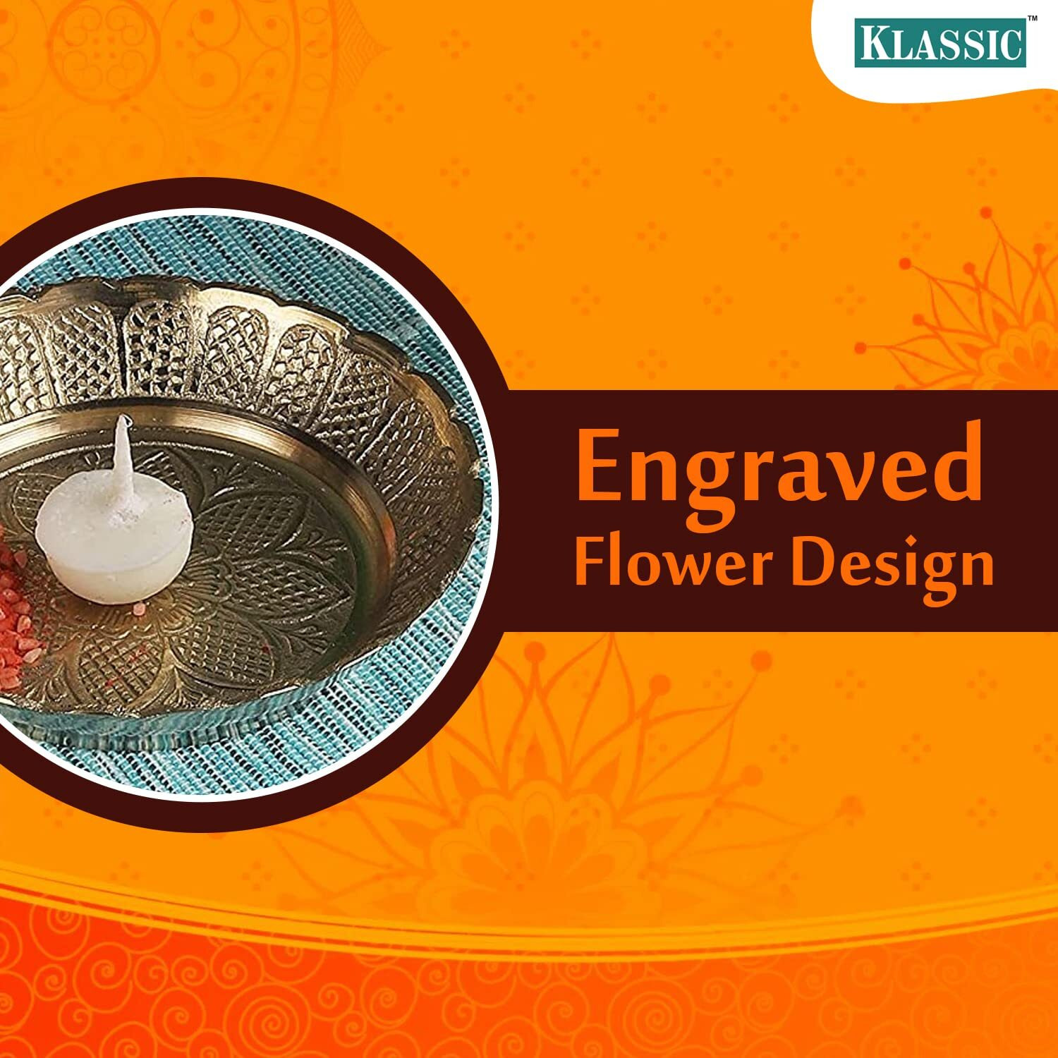 Klassic Engraved Small Brass Pooja Thali with Flower Engraved Design for Prasad Bhog, Handcrafted Bhog Thali Diya Thali in Mandir (5 Inch, Golden)
