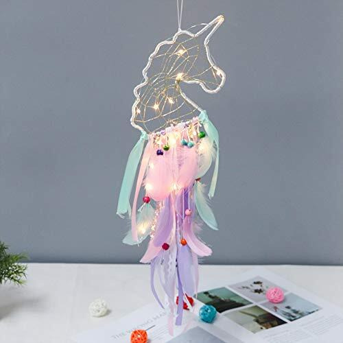 LOMOHOO Unicorn Dream Catcher with LED Light Colorful Light Up Dream Catchers Handmade Purple Pink and Blue Feather Boho Baby Room Decor Kids Bedroom Decoration Gift (Light up Unicorn)