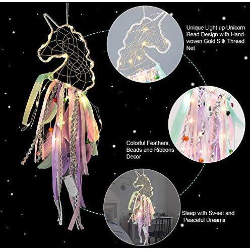 LOMOHOO Unicorn Dream Catcher with LED Light Colorful Light Up Dream Catchers Handmade Purple Pink and Blue Feather Boho Baby Room Decor Kids Bedroom Decoration Gift (Light up Unicorn)