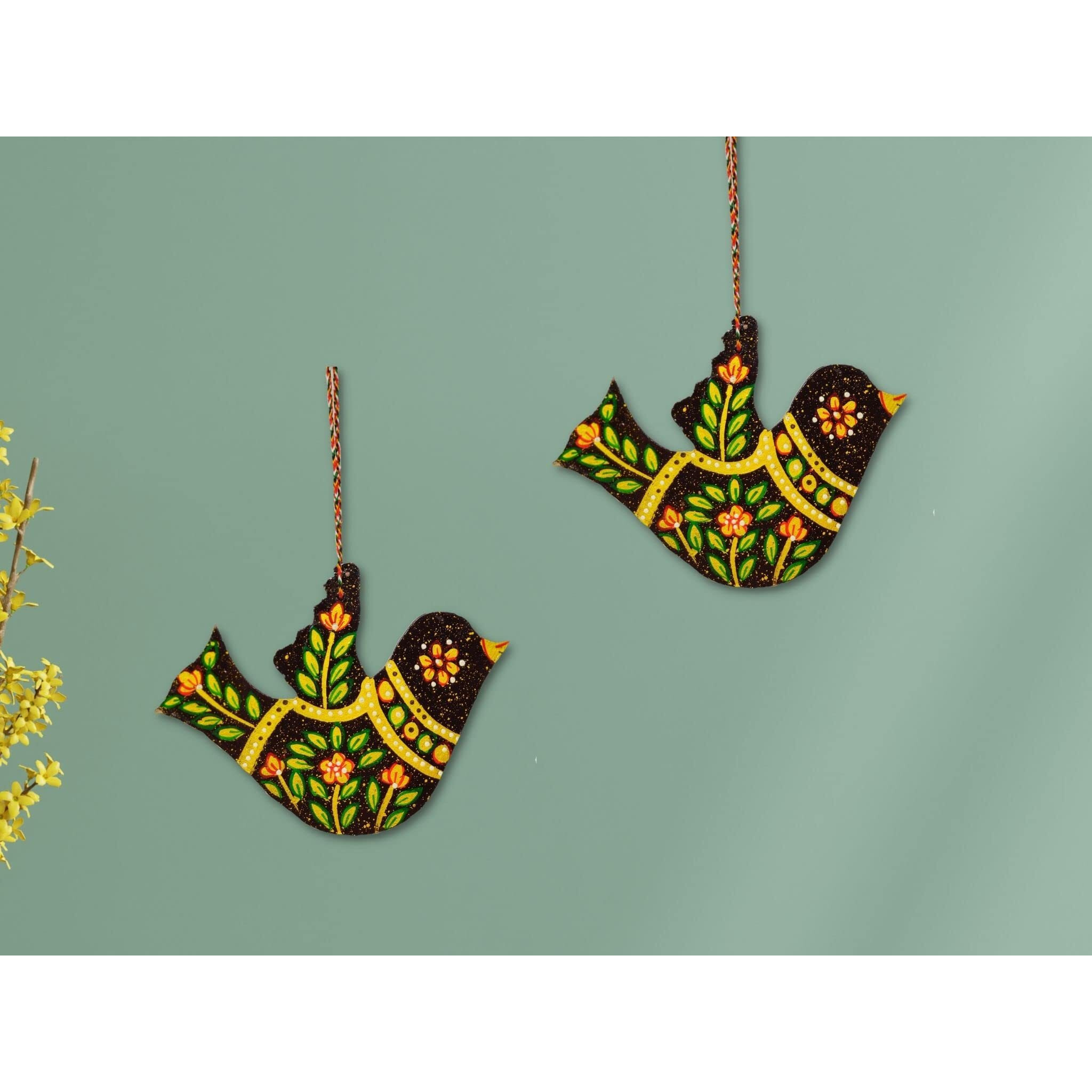 JH Gallery Handcrafted and Emboss Painted Colorful Wooden Birds Hangings for Home Decoration & Garden Decorative Showpiece for Home Decor (Pack of 2)