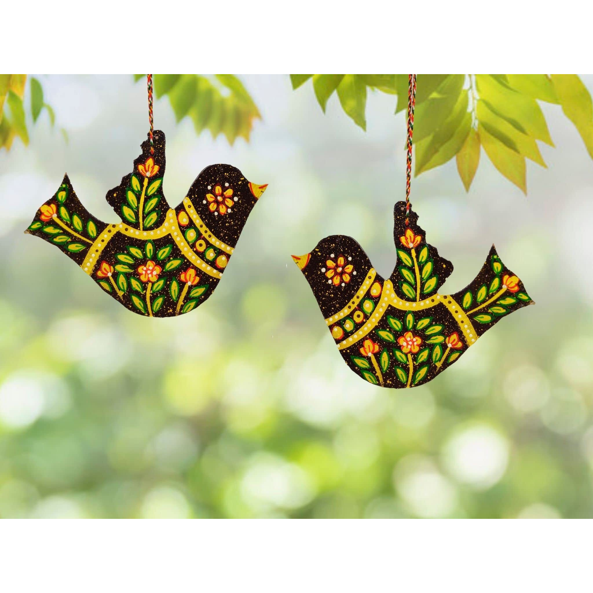 JH Gallery Handcrafted and Emboss Painted Colorful Wooden Birds Hangings for Home Decoration & Garden Decorative Showpiece for Home Decor (Pack of 2)