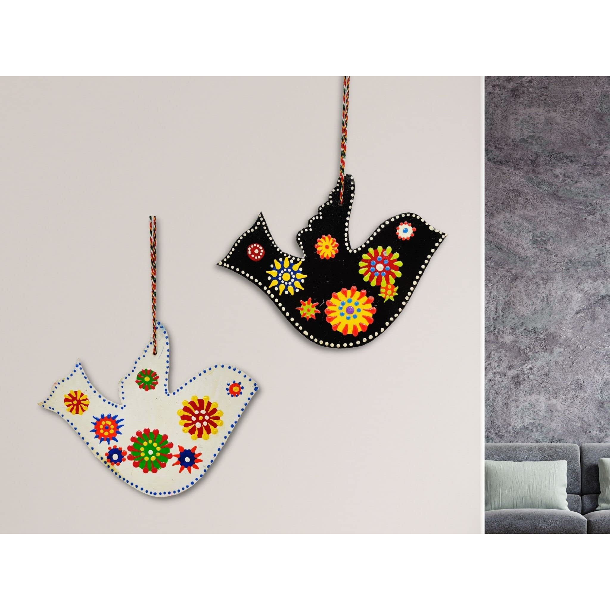 JH Gallery Handcrafted And Emboss Painted Colorful Wooden Birds Hangings For Home Decoration & Garden Decorative Showpiece For Home Decor (Pack of 2)