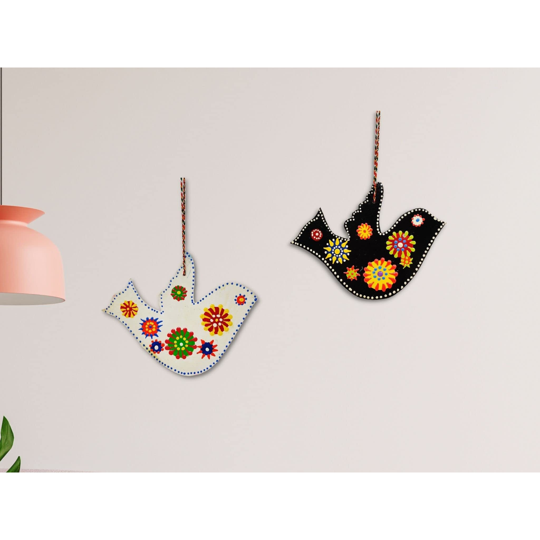 JH Gallery Handcrafted And Emboss Painted Colorful Wooden Birds Hangings For Home Decoration & Garden Decorative Showpiece For Home Decor (Pack of 2)