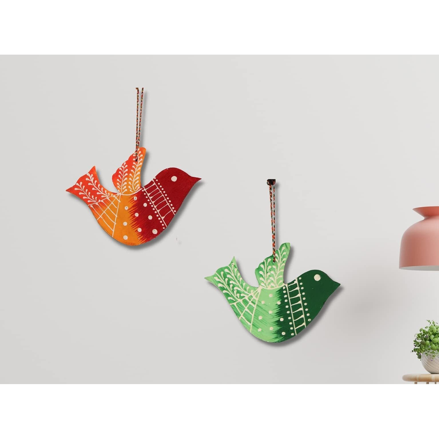 JH Gallery Handcrafted and Emboss Painted Colorful Wooden Birds Hangings for Wall/Garden Decor, Multicolor, (Pack of 2)