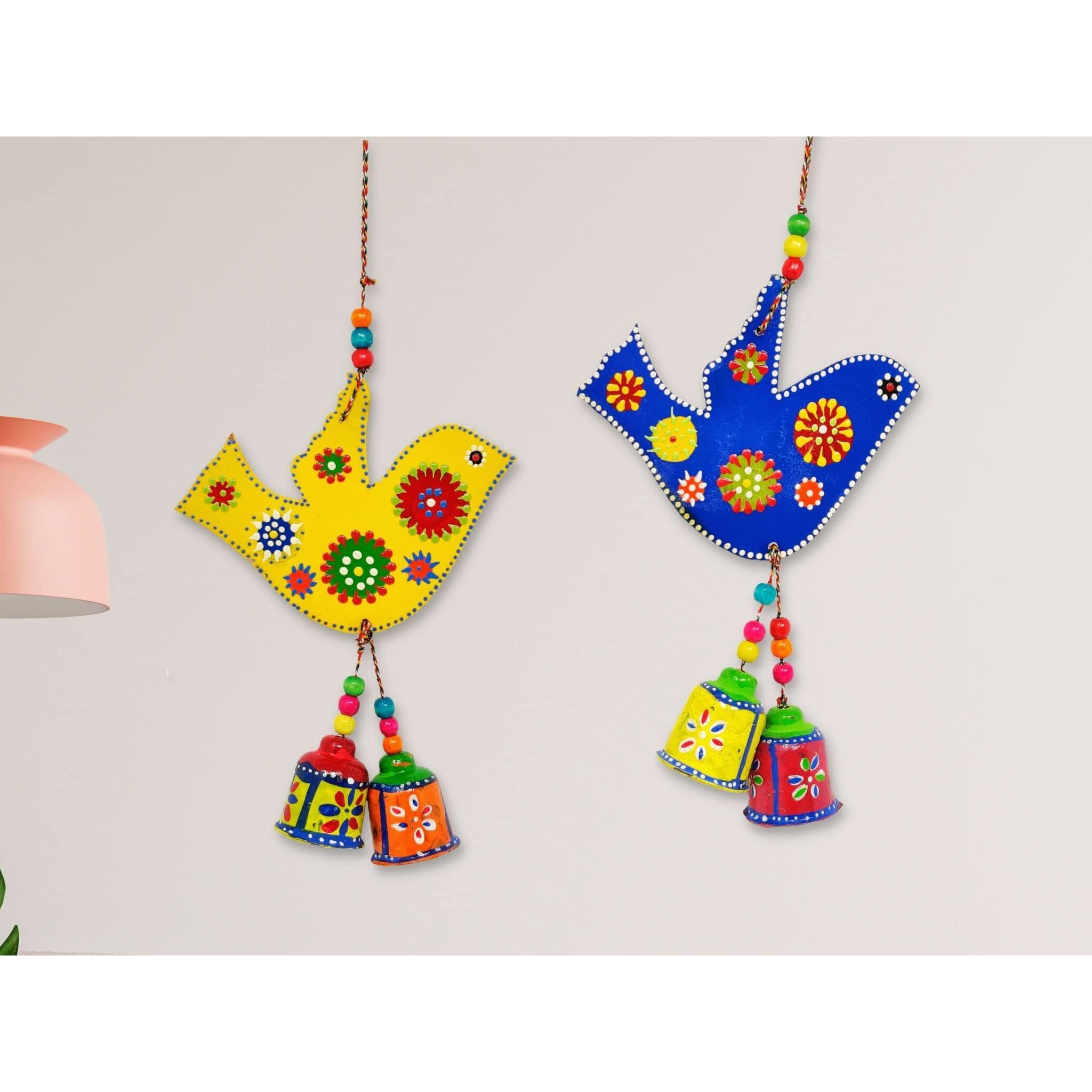 JH Gallery Handcrafted and Emboss Painted Colorful Wooden Birds Hangings for Wall/Garden Decor, Multicolor, (Pack of 1 Pair)