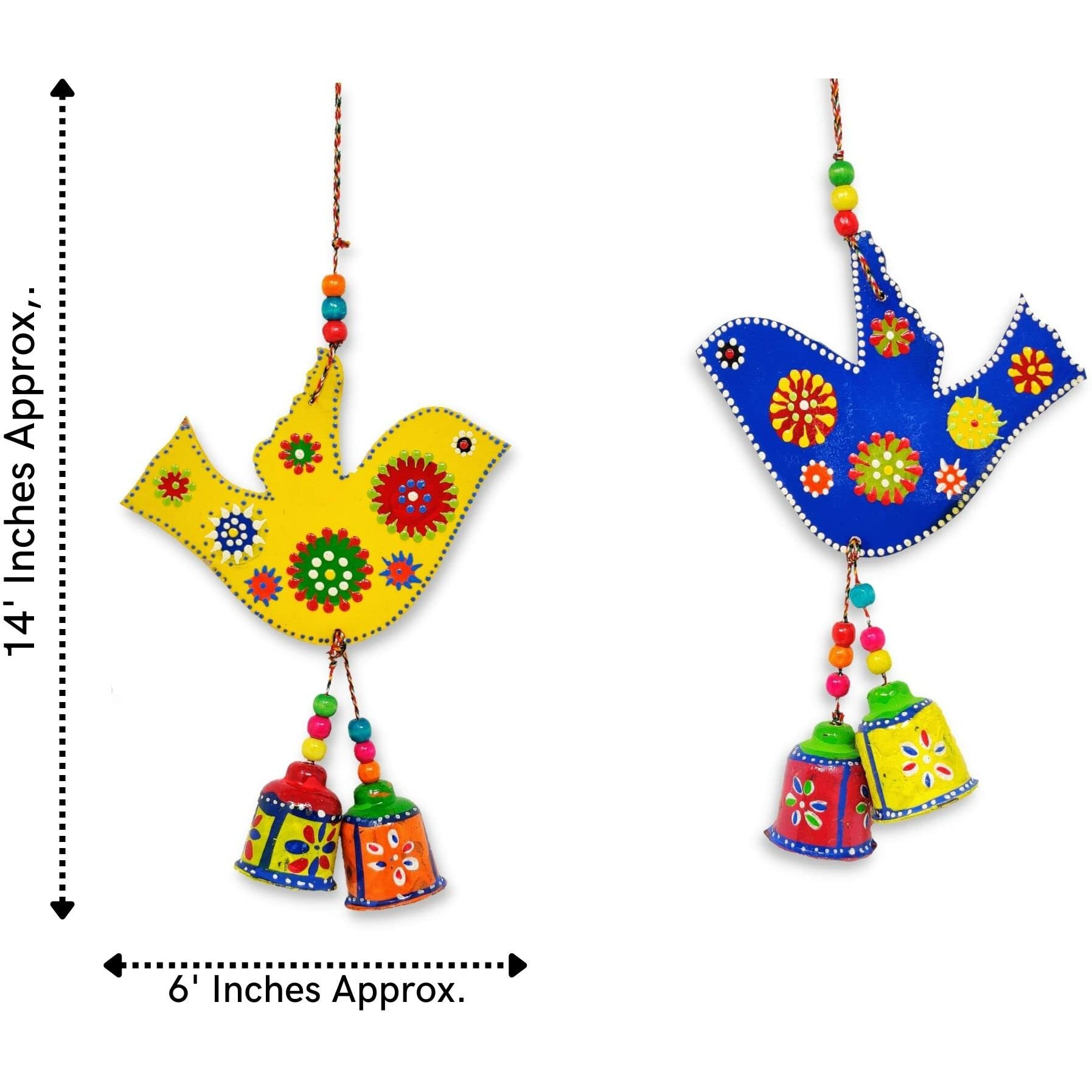 JH Gallery Handcrafted and Emboss Painted Colorful Wooden Birds Hangings for Wall/Garden Decor, Multicolor, (Pack of 1 Pair)