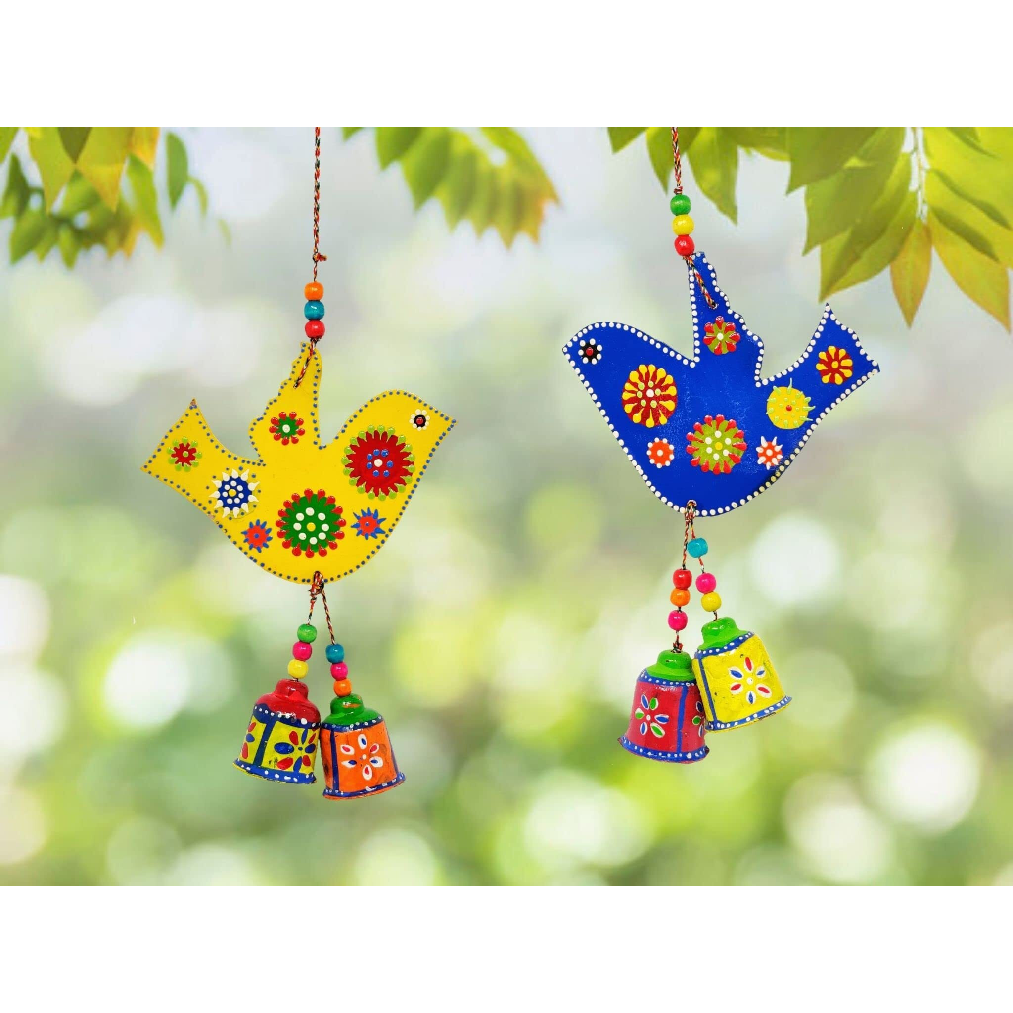 JH Gallery Handcrafted and Emboss Painted Colorful Wooden Birds Hangings for Wall/Garden Decor, Multicolor, (Pack of 1 Pair)