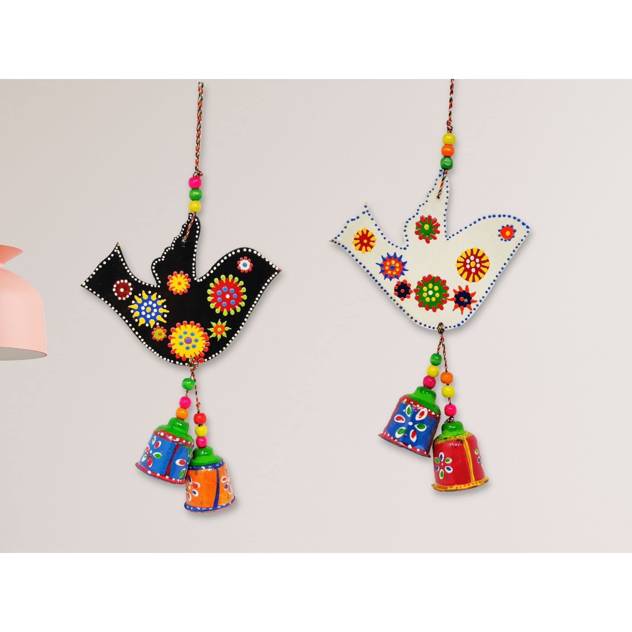 JH Gallery Handcrafted and Emboss Painted Colorful Wooden Birds Hangings for Wall/Garden Decor, Multicolor, (Pack of 1 Pair)