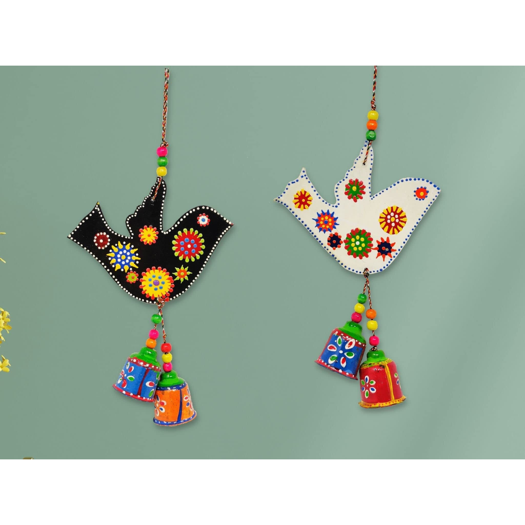 JH Gallery Handcrafted and Emboss Painted Colorful Wooden Birds Hangings for Wall/Garden Decor, Multicolor, (Pack of 1 Pair)