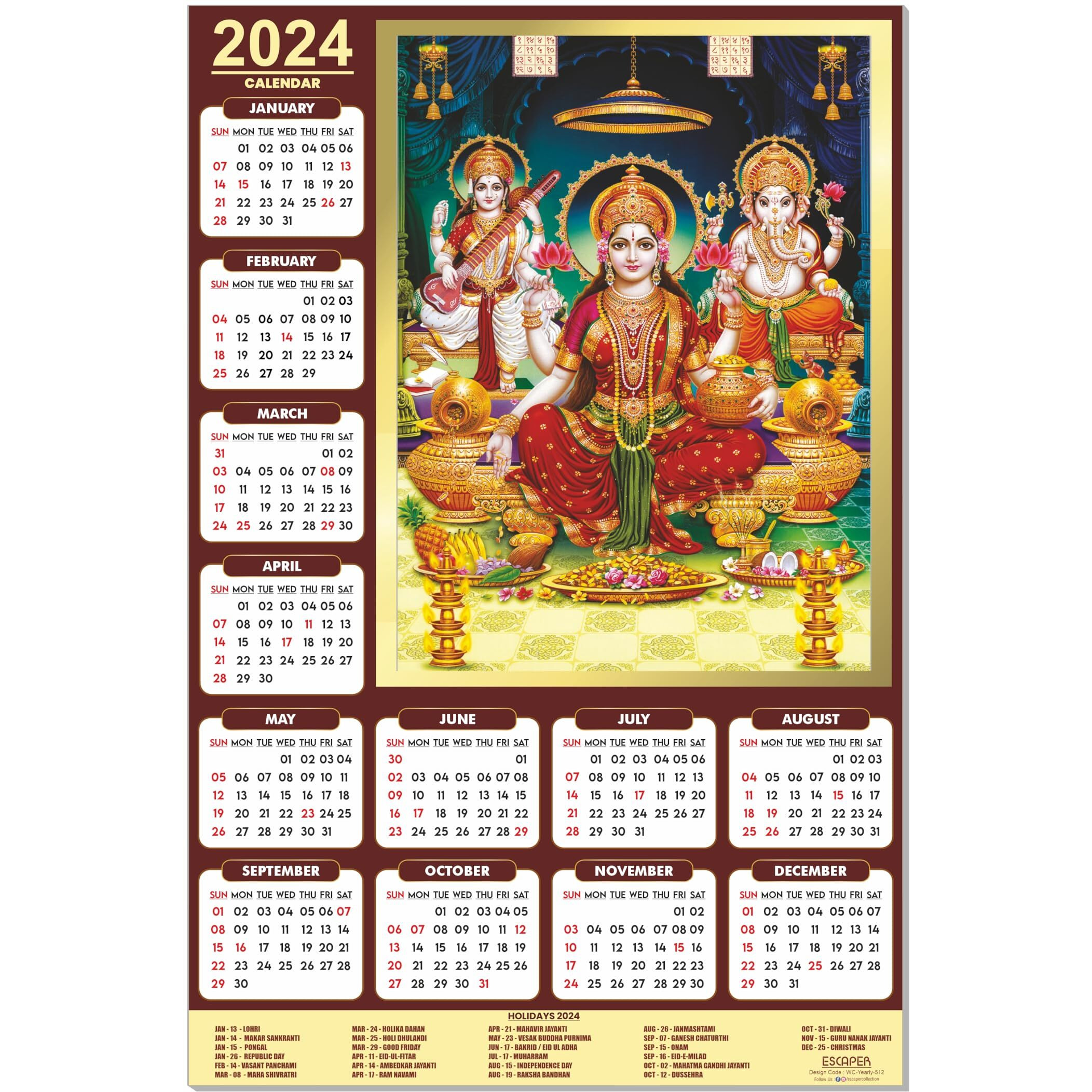 ESCAPER Goddess Laxmi Saraswati Ganesh Ji Calendar 2024 for Wall Unique Indian God Theme Wallpaper Easy Application Perfect New Year Gift (Pack of 10 Units)