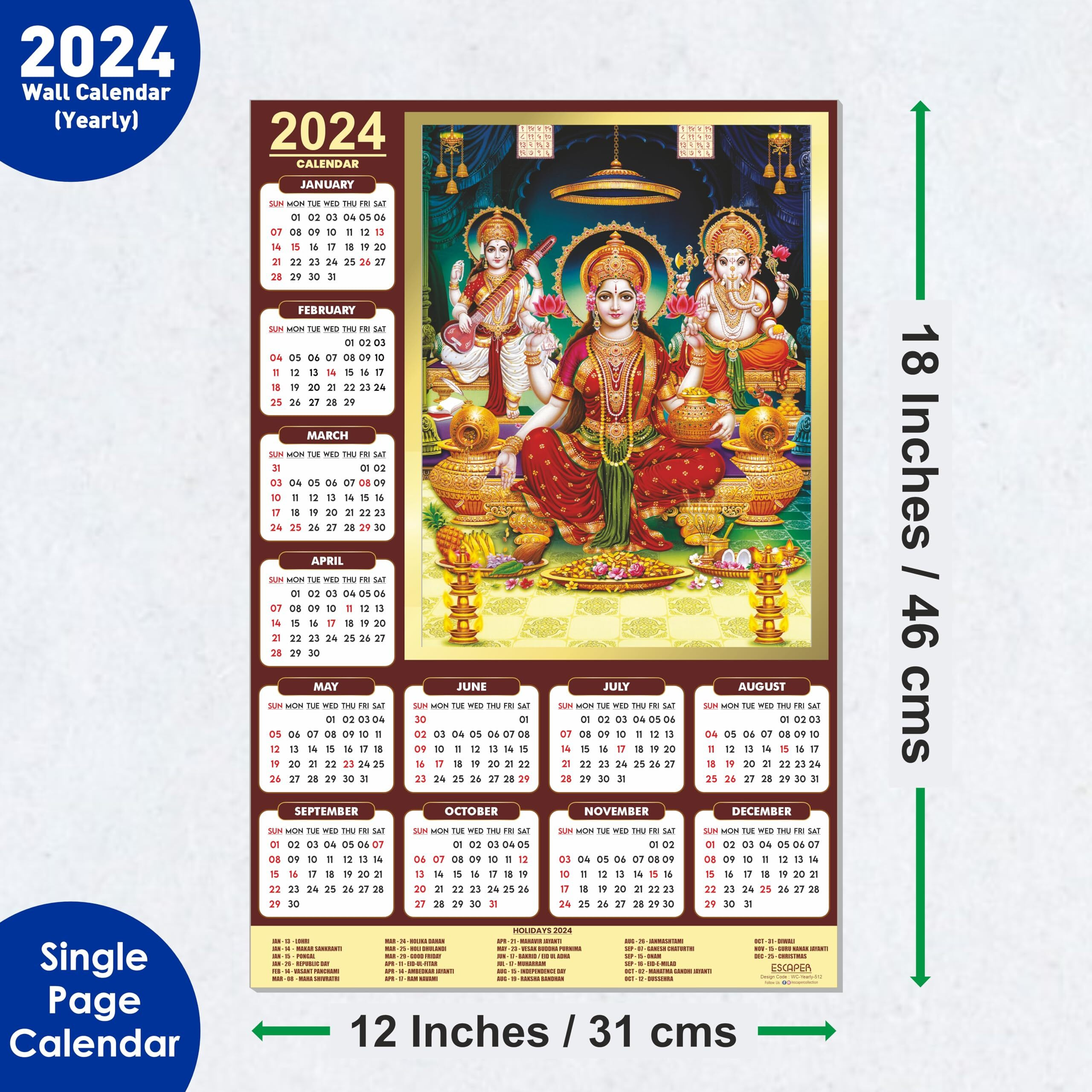 ESCAPER Goddess Laxmi Saraswati Ganesh Ji Calendar 2024 for Wall Unique Indian God Theme Wallpaper Easy Application Perfect New Year Gift (Pack of 10 Units)