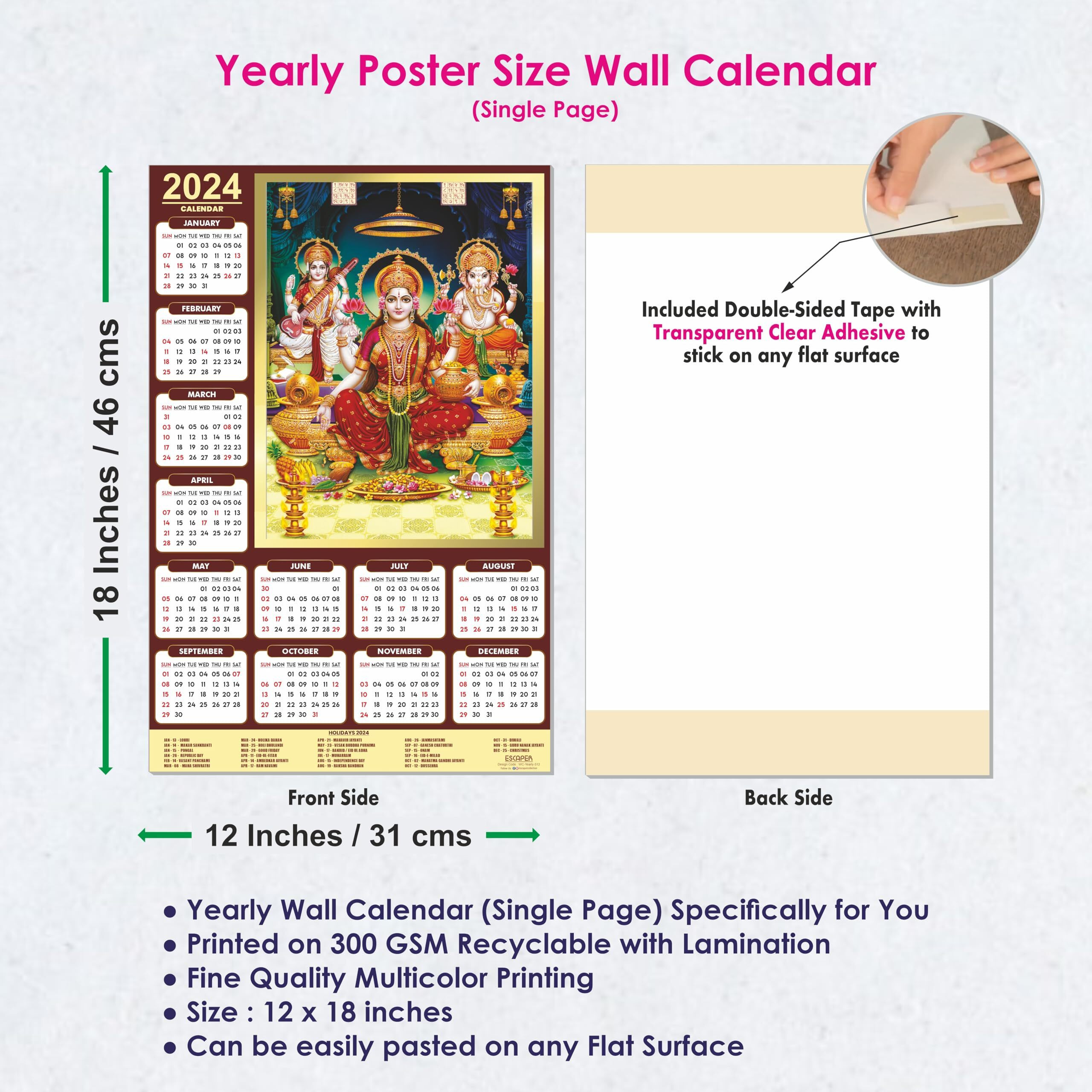 ESCAPER Goddess Laxmi Saraswati Ganesh Ji Calendar 2024 for Wall Unique Indian God Theme Wallpaper Easy Application Perfect New Year Gift (Pack of 10 Units)