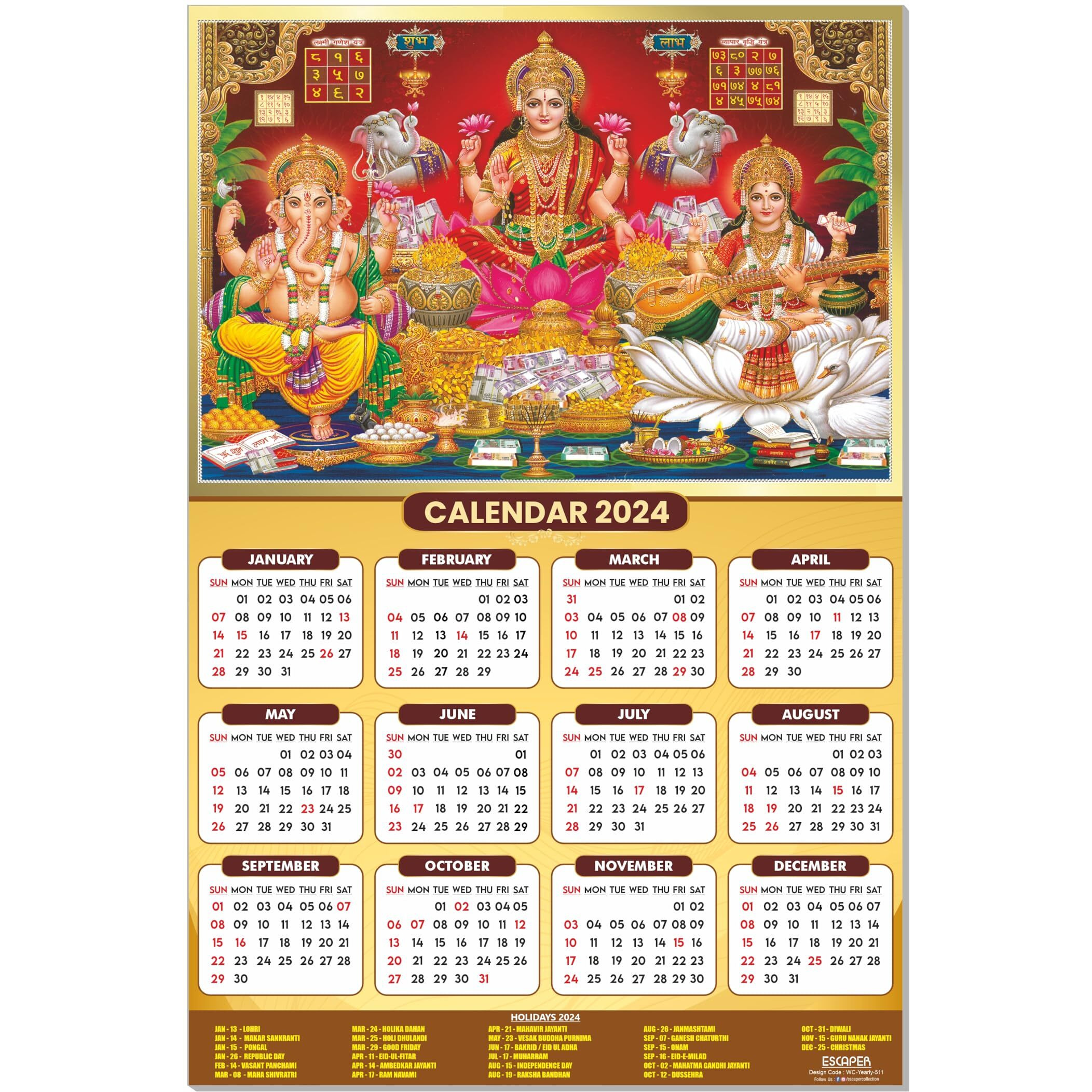 ESCAPER Saraswati Ganesh Laxmi Ji Calendar 2024 for Wall Unique Indian God Theme Wallpaper Easy Application Perfect New Year Gift (Pack of 10 Units)