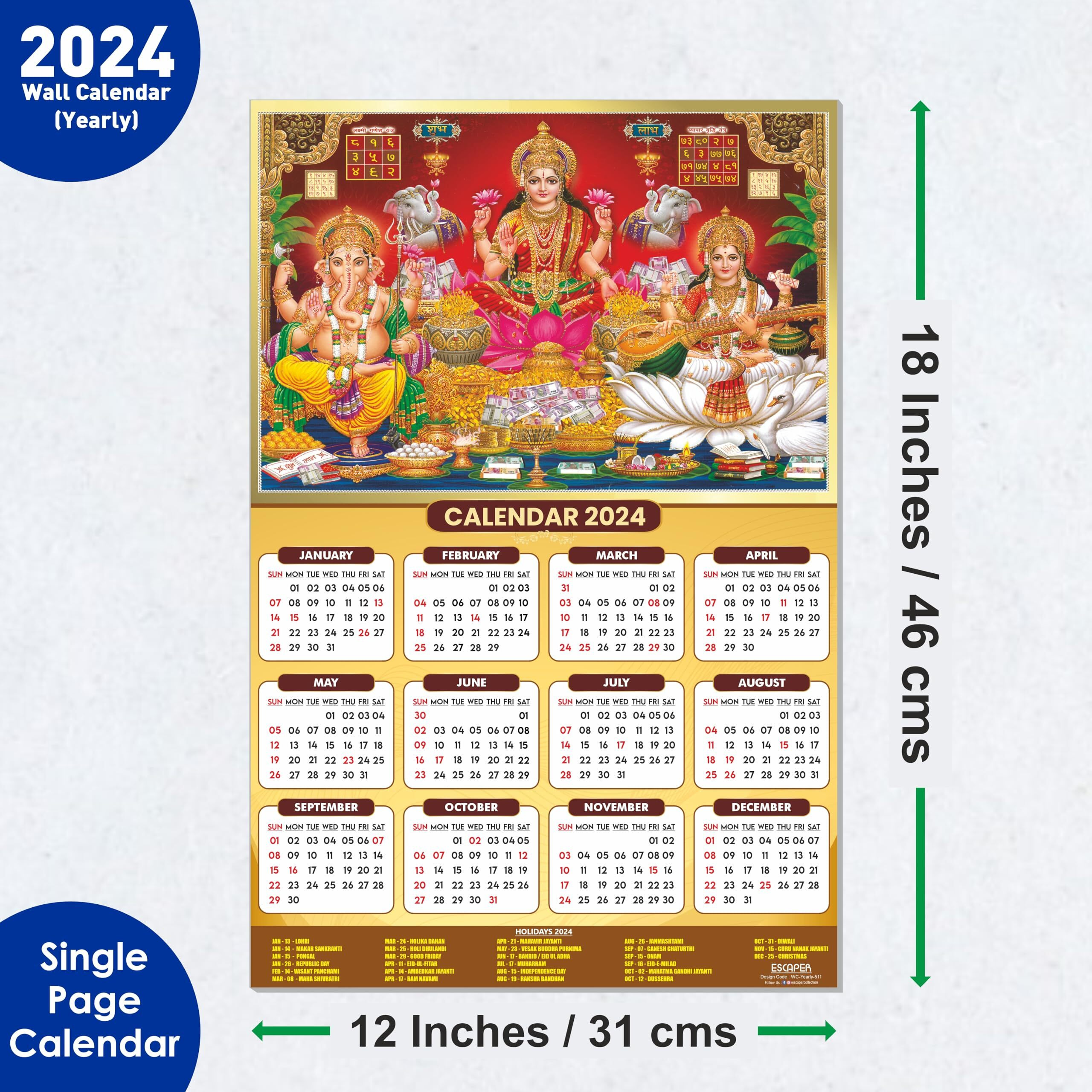 ESCAPER Saraswati Ganesh Laxmi Ji Calendar 2024 for Wall Unique Indian God Theme Wallpaper Easy Application Perfect New Year Gift (Pack of 10 Units)